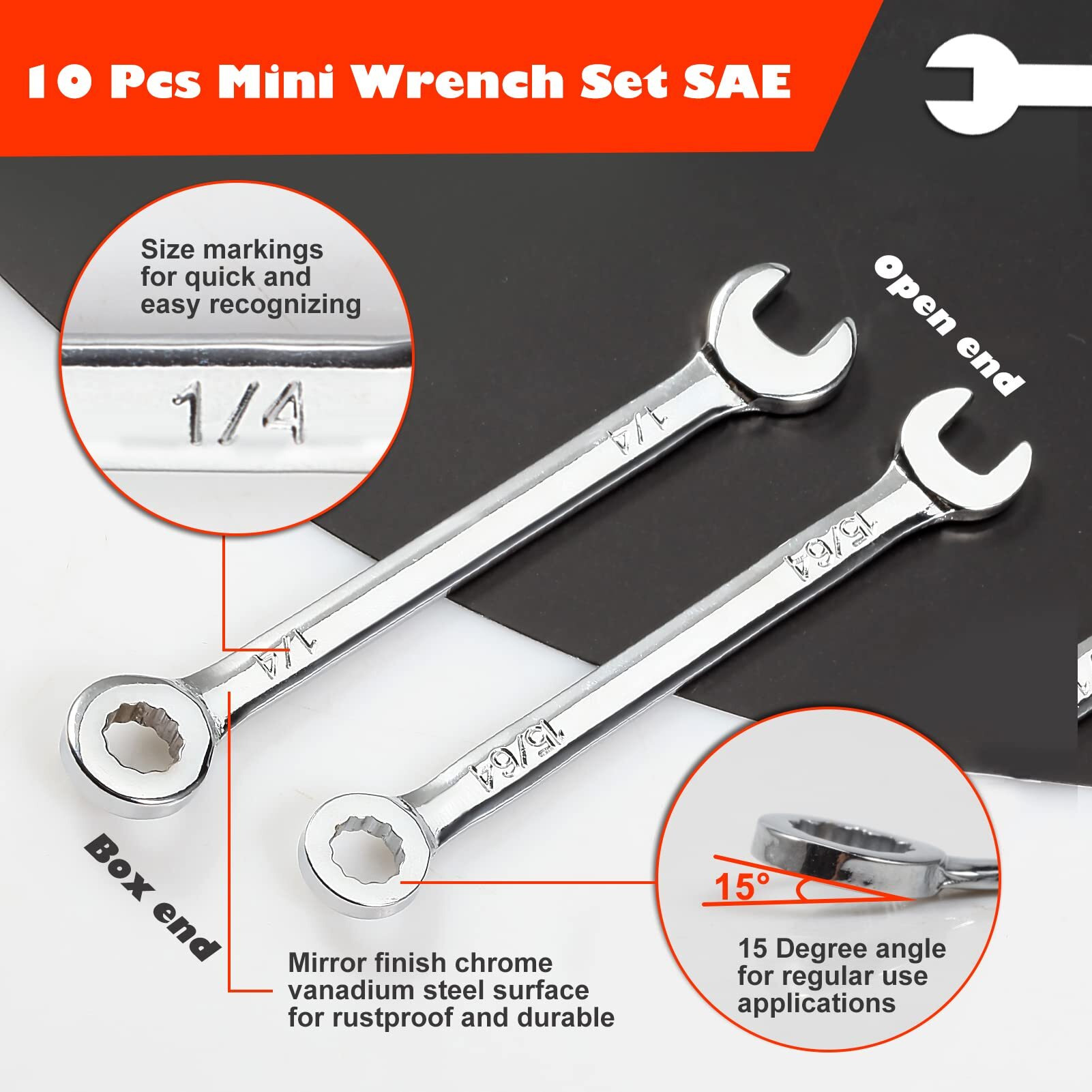 Leontool Mini Sae Combination Wrenches  10-Piece Set  High Carbon Steel  Chrome Plated  5/32 In - 7/16 In