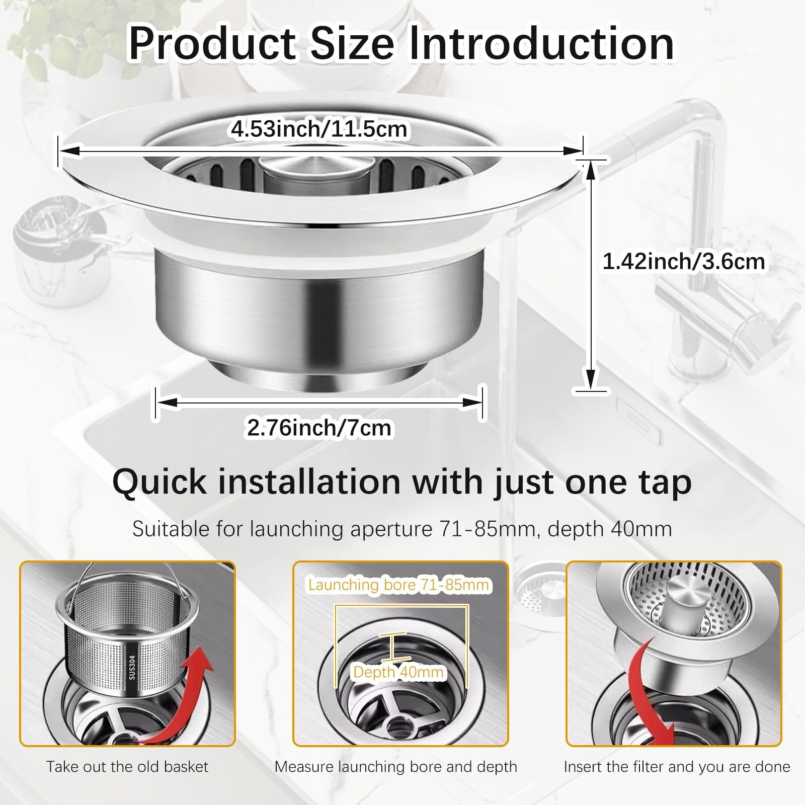 3 In 1 Kitchen Sink Drain Strainer And Stopper Combo 304 Stainless Steel Pop Up Kitchen Sink Stopper Anti-Clog Kitchen Sink Bounce Core Strainer Basket Filter For Standard 3-1/2 Inch Drain