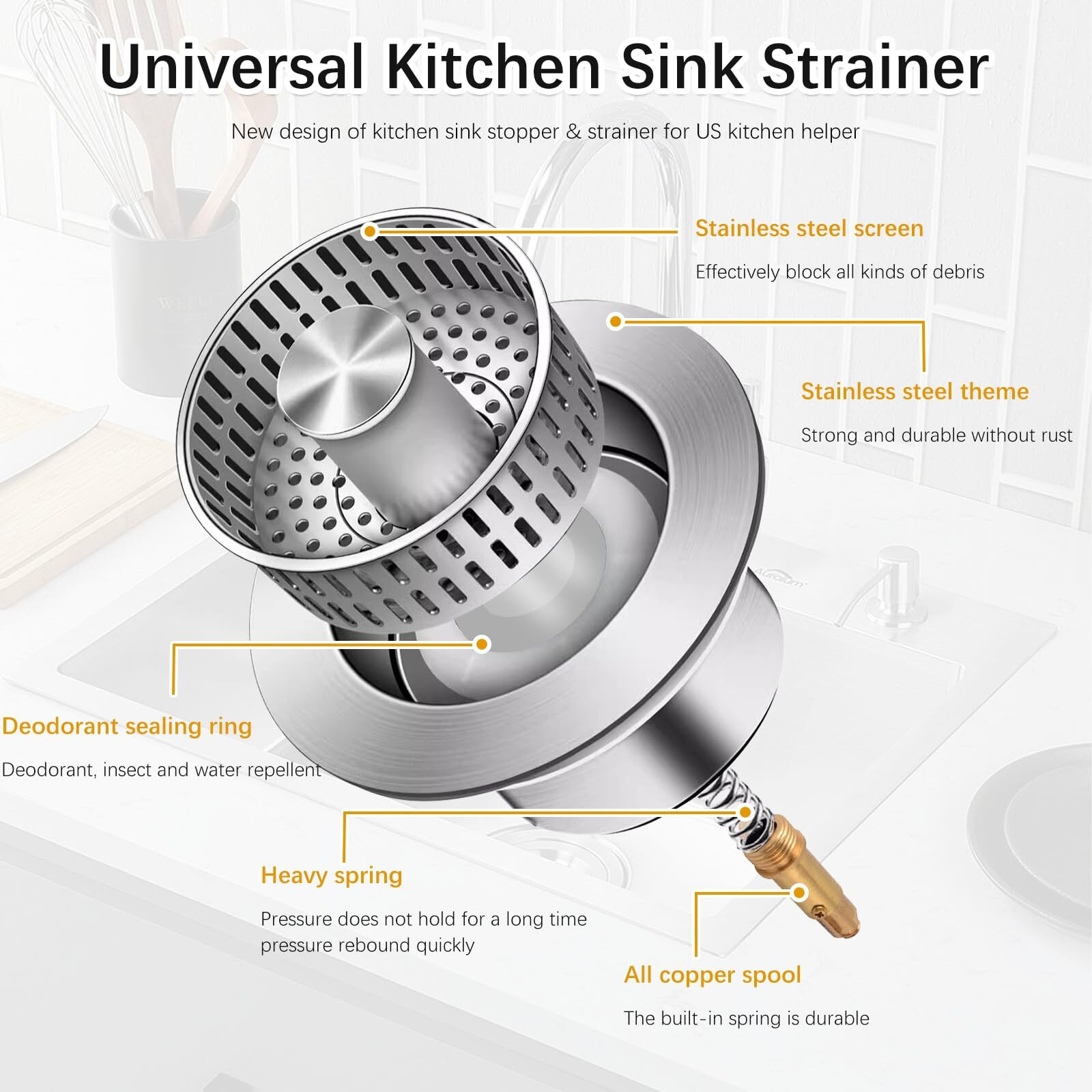 3 In 1 Kitchen Sink Drain Strainer And Stopper Combo 304 Stainless Steel Pop Up Kitchen Sink Stopper Anti-Clog Kitchen Sink Bounce Core Strainer Basket Filter For Standard 3-1/2 Inch Drain