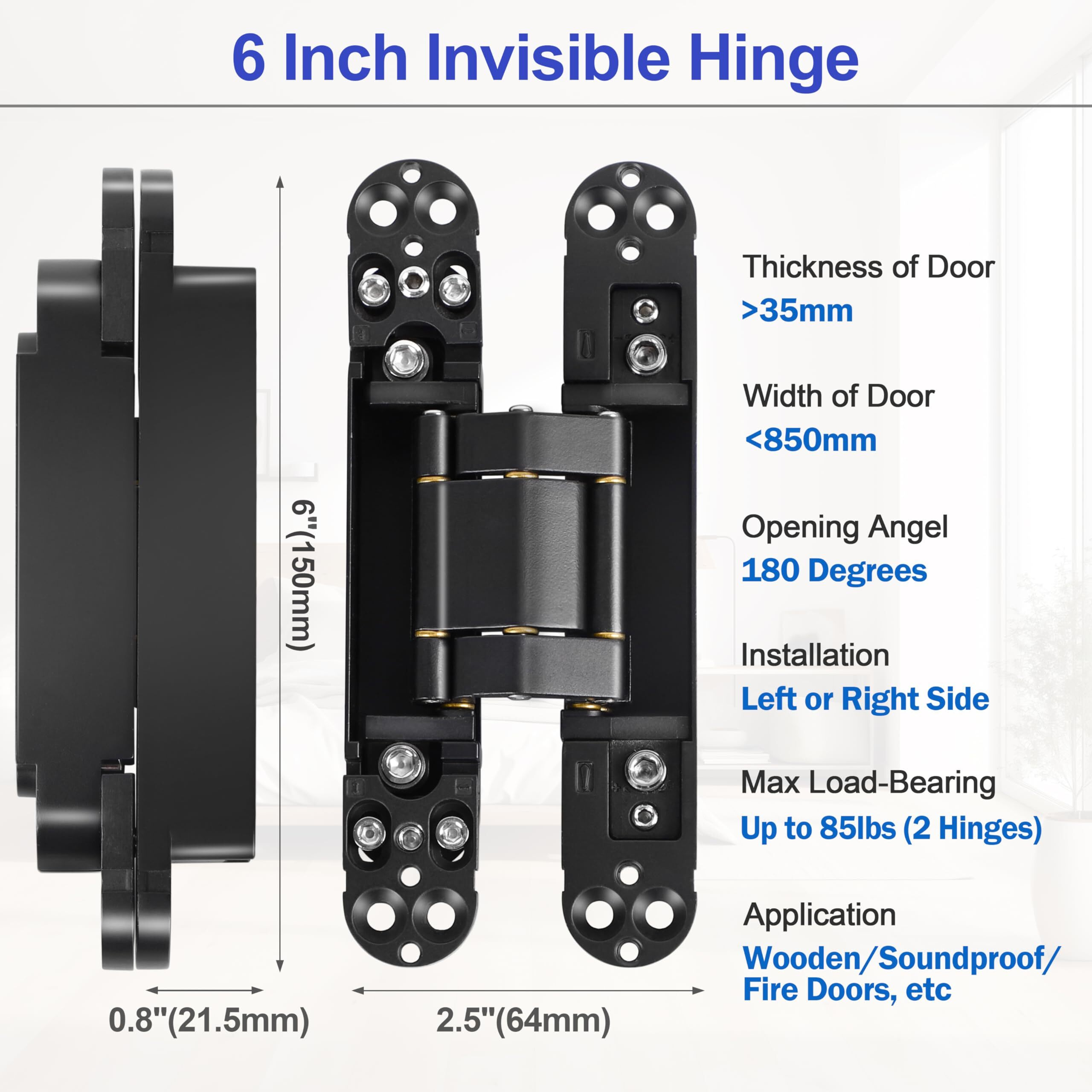 6 Inch Hidden Door Hinges(2Pcs - Invisible Hinges For Doors  180 Degree Swing Concealed Hinges  3 Way Adjustable & Heavy Duty Hinges (Black)