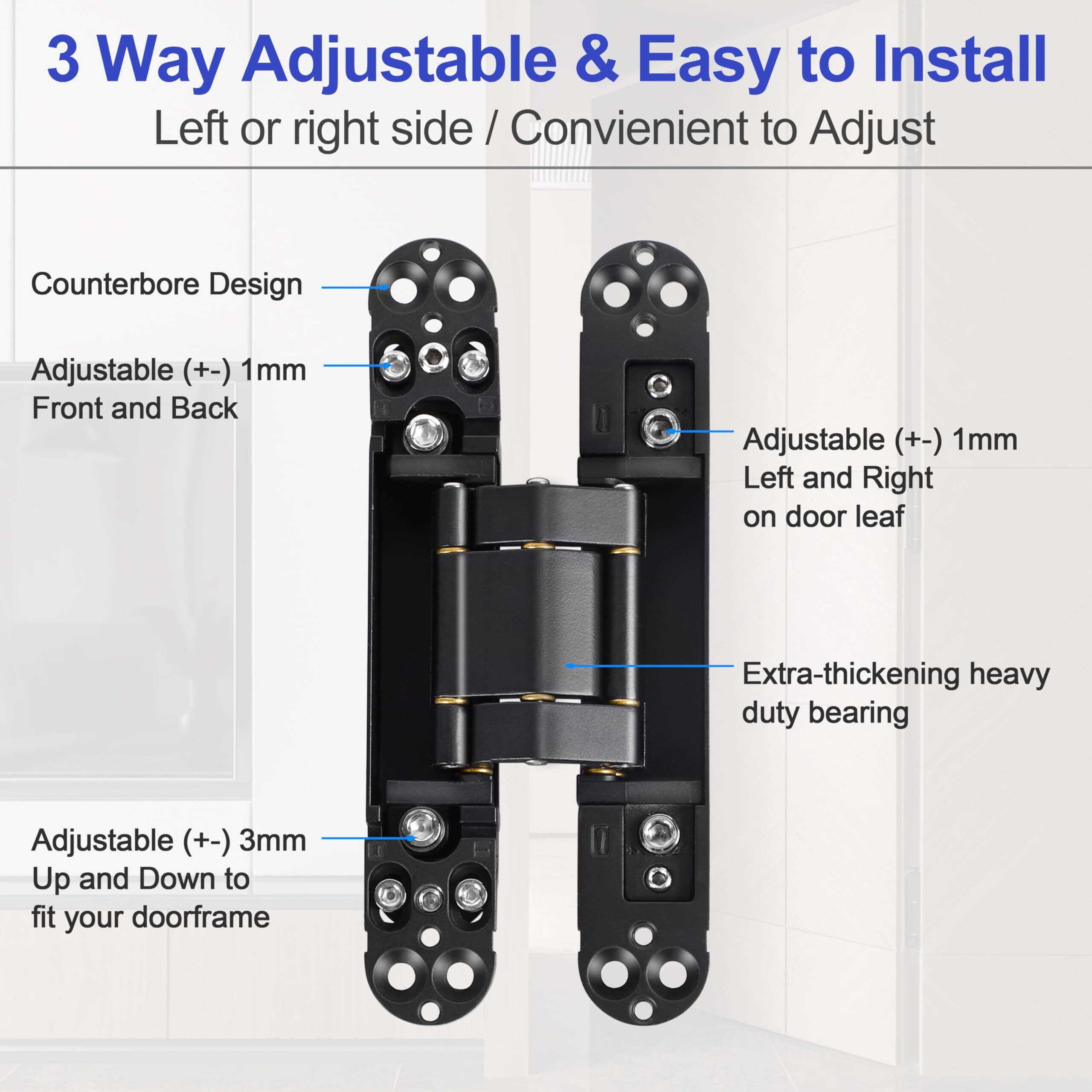 6 Inch Hidden Door Hinges(2Pcs - Invisible Hinges For Doors  180 Degree Swing Concealed Hinges  3 Way Adjustable & Heavy Duty Hinges (Black)