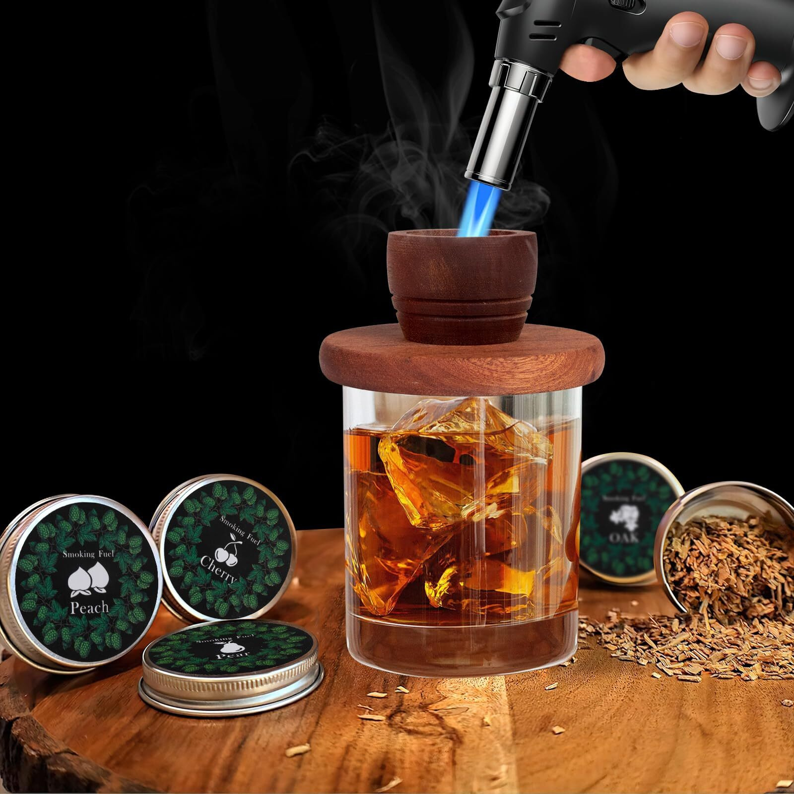 Cocktail Smoker Kit With Torch - 8 Flavors Wood Chips - Bourbon  Old Fashioned Drink Smoker Kit  Whiskey Smoker Infuser Kit  Birthday Bourbon Whiskey Gifts For Men  Dad  Husband (Without Butane)