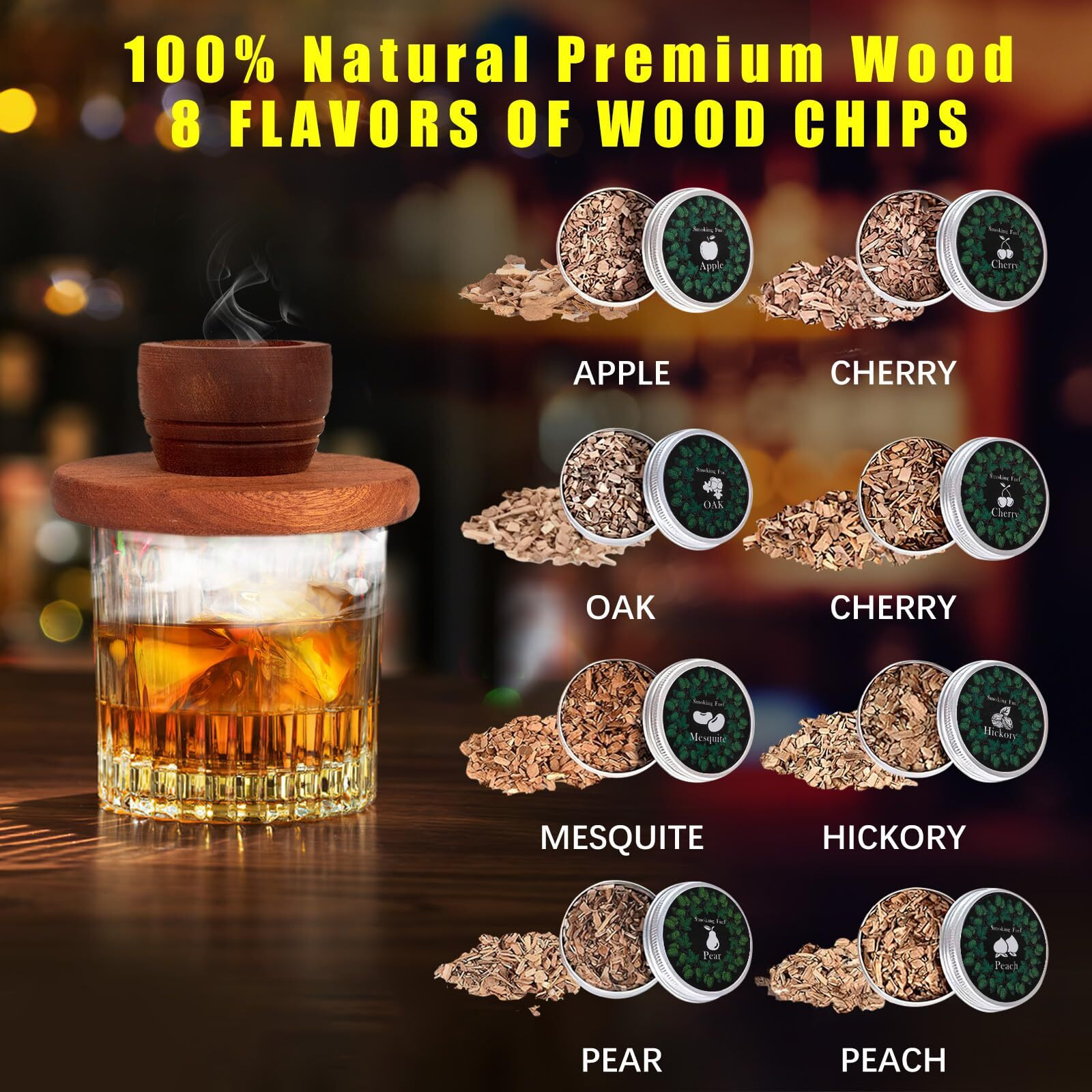Cocktail Smoker Kit With Torch - 8 Flavors Wood Chips - Bourbon  Old Fashioned Drink Smoker Kit  Whiskey Smoker Infuser Kit  Birthday Bourbon Whiskey Gifts For Men  Dad  Husband (Without Butane)