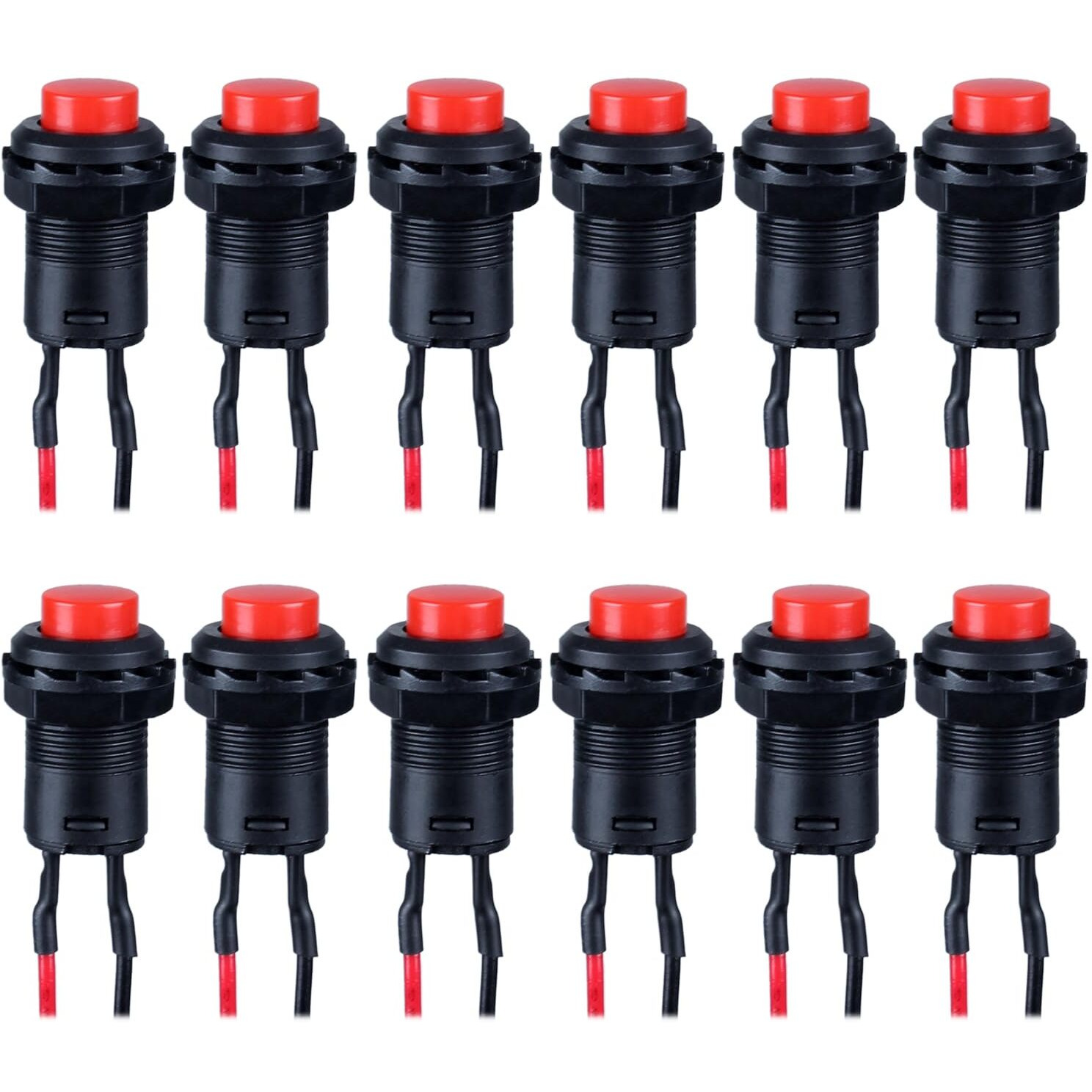 Dmwd 12-Pack 12Mm Mini Momentary Push Button Switch Ac 250V/1.5A 125V/3A (On)-Off 2Pins With Pre-Soldered Wire Spst Normal Open 1No Micro Switch (12Pcs Red)