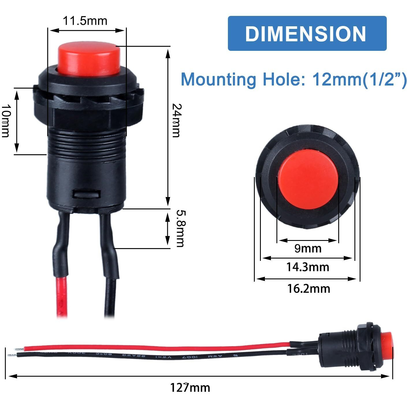 Dmwd 12-Pack 12Mm Mini Momentary Push Button Switch Ac 250V/1.5A 125V/3A (On)-Off 2Pins With Pre-Soldered Wire Spst Normal Open 1No Micro Switch (12Pcs Red)