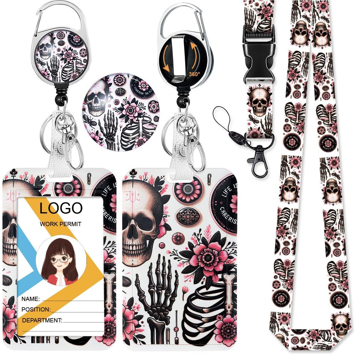 Hasfine Skull And Floral Badge Holder With Breakaway Lanyard & Retractable Badge Reel With Heavy Duty Carabiner 360Rotation Clip & Key Ring Cute Id Card Holder For Men And Women