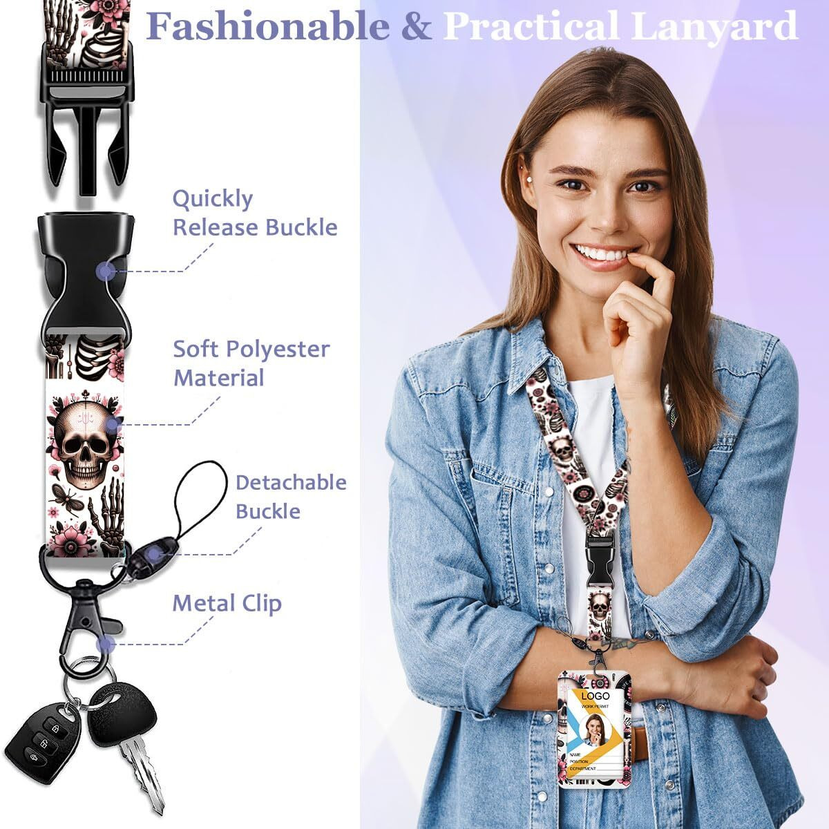 Hasfine Skull And Floral Badge Holder With Breakaway Lanyard & Retractable Badge Reel With Heavy Duty Carabiner 360Rotation Clip & Key Ring Cute Id Card Holder For Men And Women