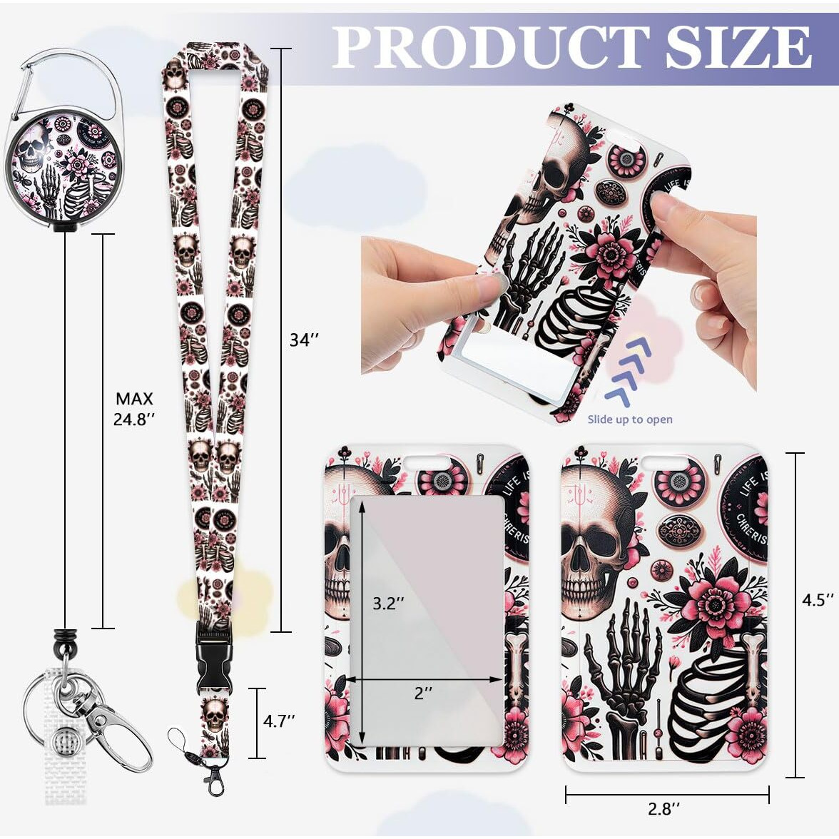 Hasfine Skull And Floral Badge Holder With Breakaway Lanyard & Retractable Badge Reel With Heavy Duty Carabiner 360Rotation Clip & Key Ring Cute Id Card Holder For Men And Women