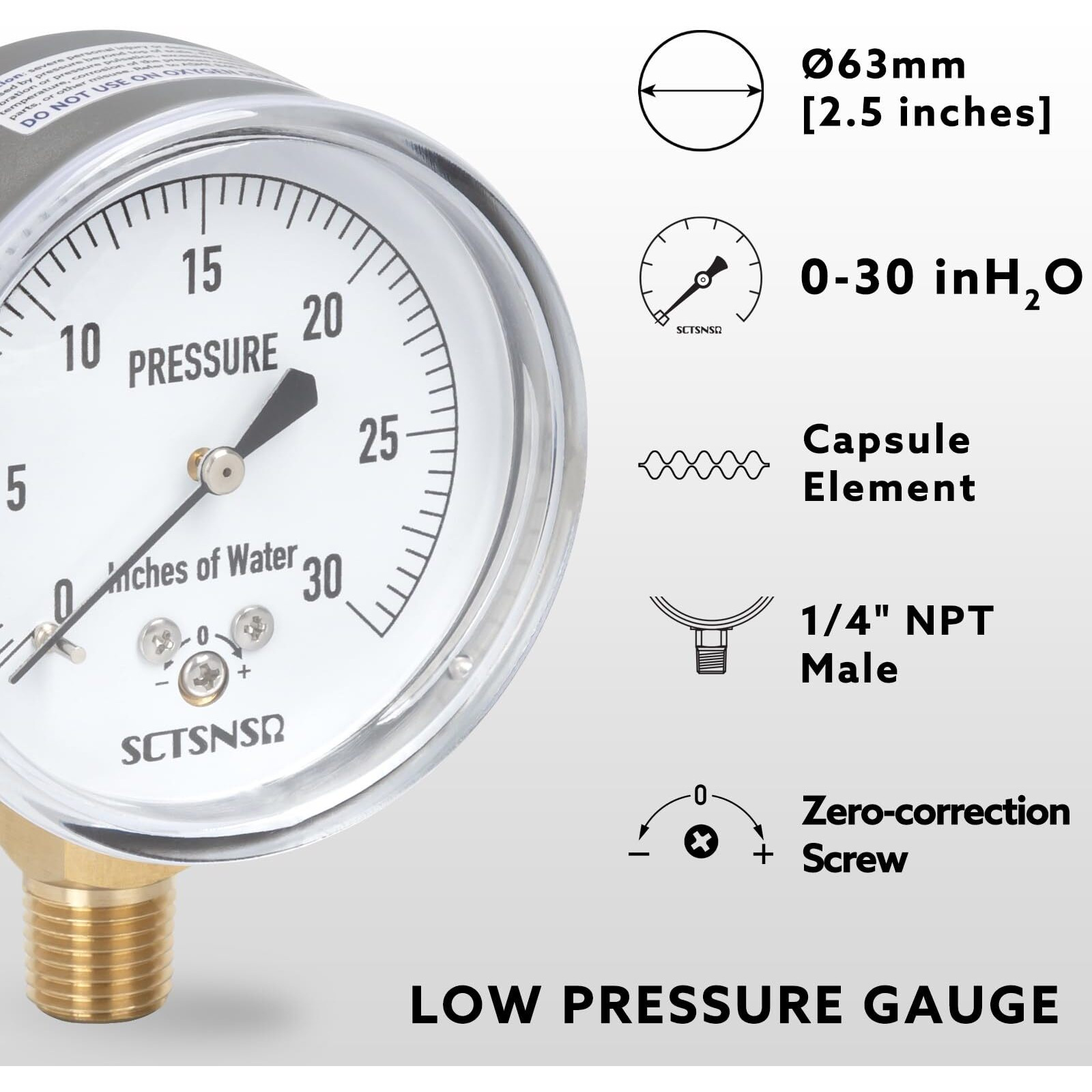 Sctsnsr 0 To 30 Inches Of Water Column Pressure Gauge  Capsule Measurement System  2.5 Inch Dial  1/4"" Npt Lower Mount  Chrome Plated Case  For Gas Line  Regulator  Air  Low Pressure Test