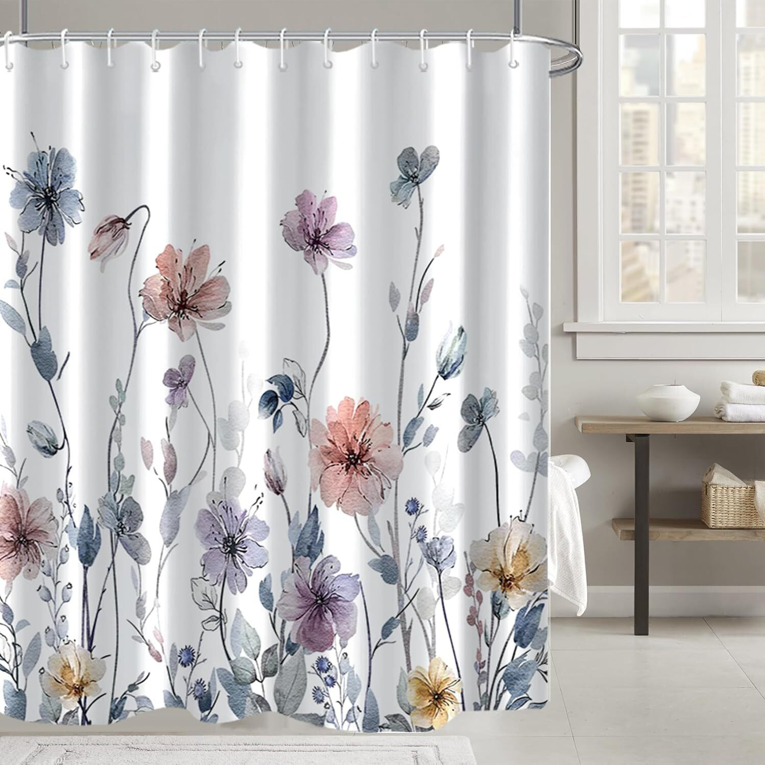 Awert Wildflower Shower Curtain For Bathroom Watercolor Floral Shower Curtain With Hooks Waterproof Flower Printing Fabric Bathroom Shower Curtain 72X84 Inch