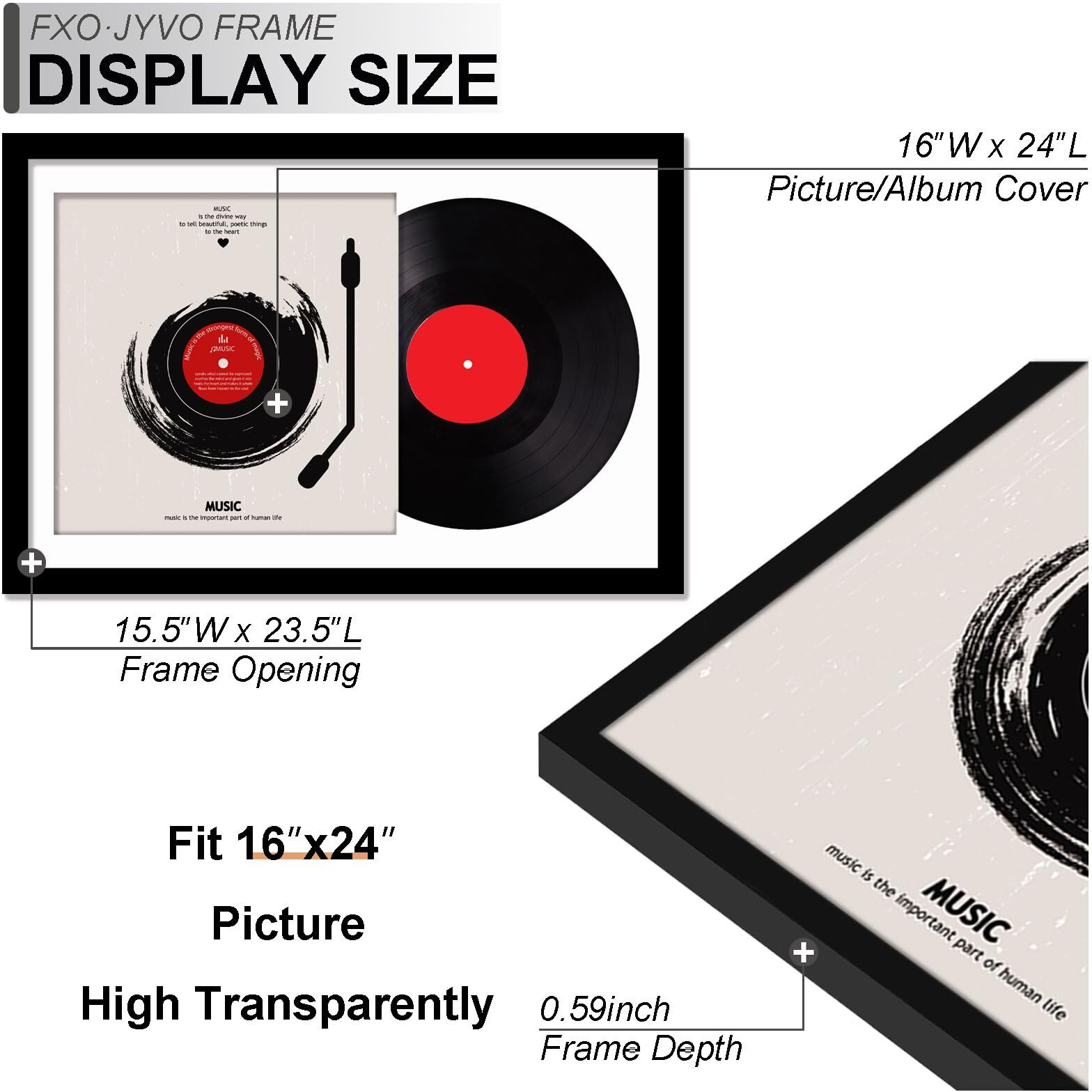 Fxojyvo Vinyl Record Frame For The Wall Display Album Cover  Black 16X24 Frame For Any 12 Inch Lp Record With Cover - 1 Pack/Black