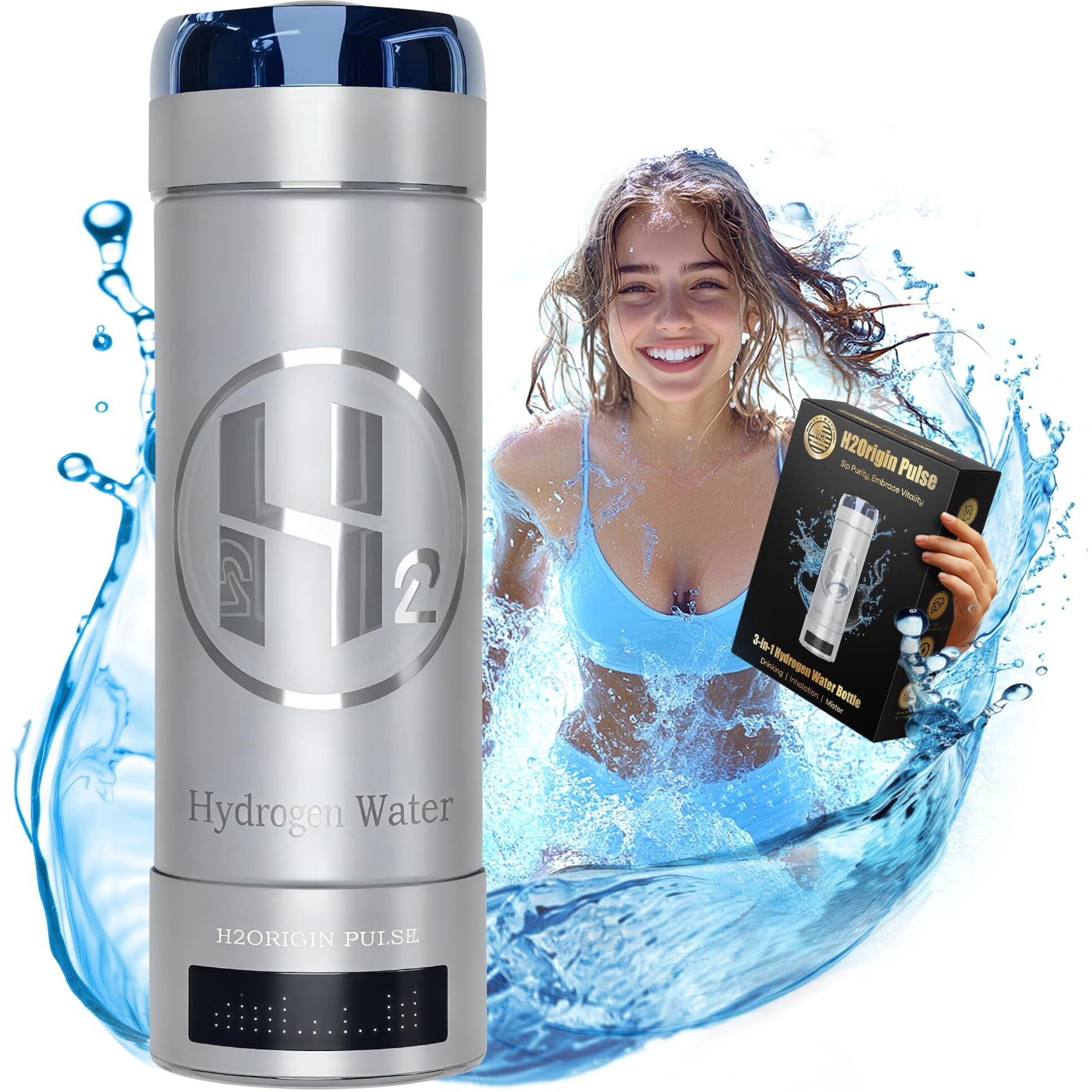 H2Origin Pulse Hydrogen Water Bottle Generator  Up To 9000 Ppb Hydrogen Bottle Water Ionizer With Spe/Pem Technology  3-In-1 Portable Universal Adapter And Refreshing Mist Spray For Home Hydration