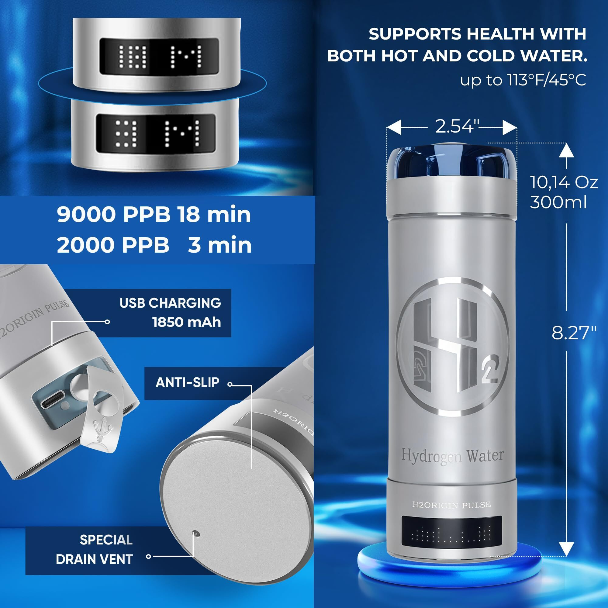 H2Origin Pulse Hydrogen Water Bottle Generator  Up To 9000 Ppb Hydrogen Bottle Water Ionizer With Spe/Pem Technology  3-In-1 Portable Universal Adapter And Refreshing Mist Spray For Home Hydration