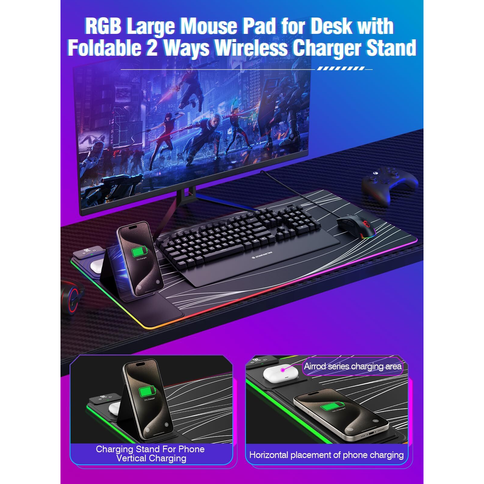 Xxl Mouse Pad With Phone Holder  Rgb Desk Mat With 15W Fast Charging  Led Large Gaming Mouse Pad With 11 Lights Colors  Long Mouse Pads For Desk  Waterproof Non-Slip Desk Pad For Gamer Esports Pros