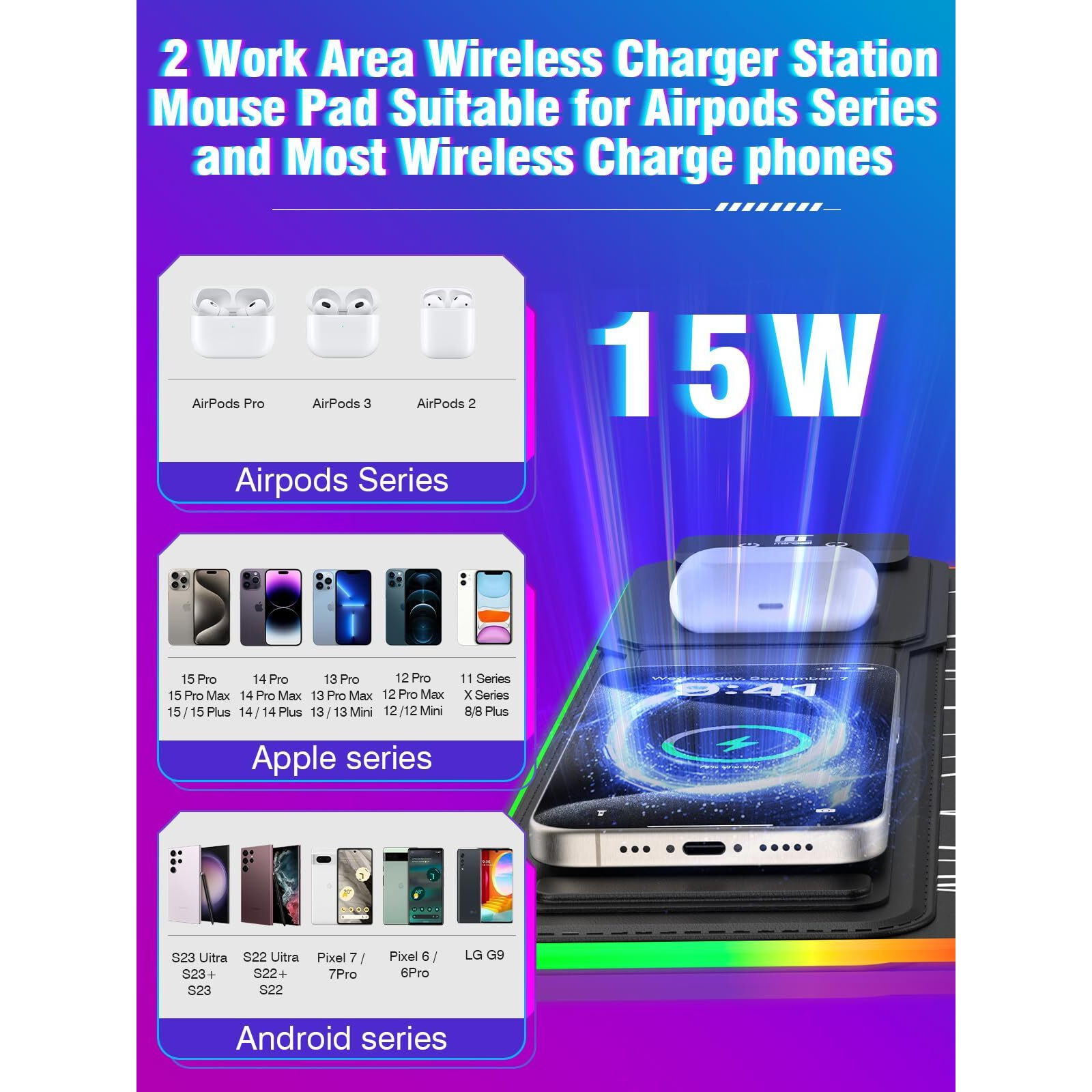 Xxl Mouse Pad With Phone Holder  Rgb Desk Mat With 15W Fast Charging  Led Large Gaming Mouse Pad With 11 Lights Colors  Long Mouse Pads For Desk  Waterproof Non-Slip Desk Pad For Gamer Esports Pros