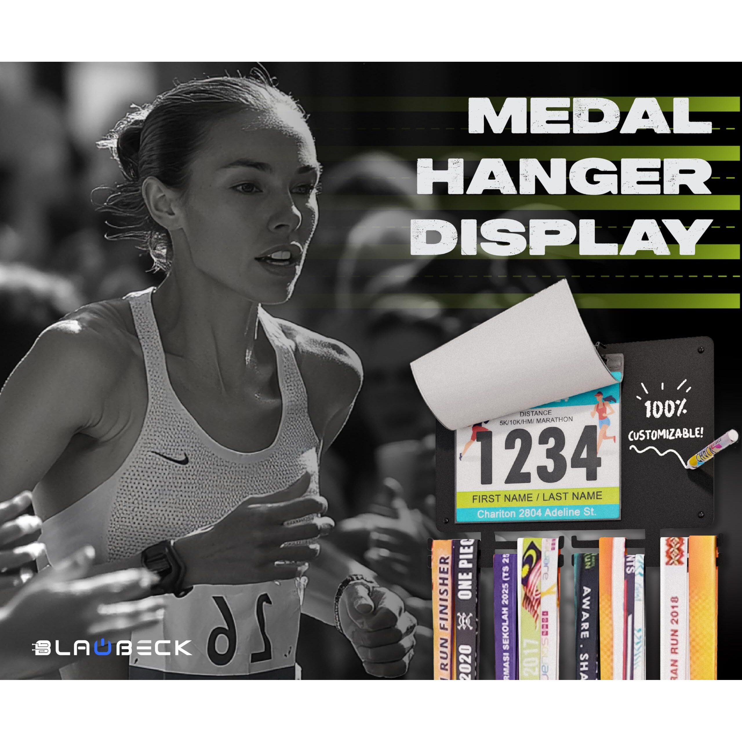 Blaubeck Medal Hanger Display For Runners  Marathon Medal Holder Display Wall Hanger And Race Bib Boards Holder With Chalkboard Marker - Holds Up To 50 Medals  40 Race Bibs