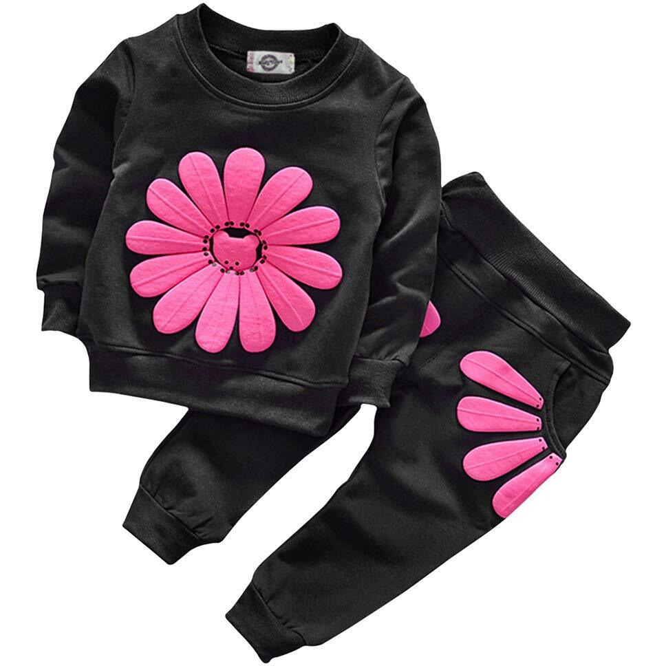 Toddler Baby Girls Sunflower Clothes Set Long Sleeve Top And Pants 2Pcs Outfits Fall Clothes (Black Age 2T)