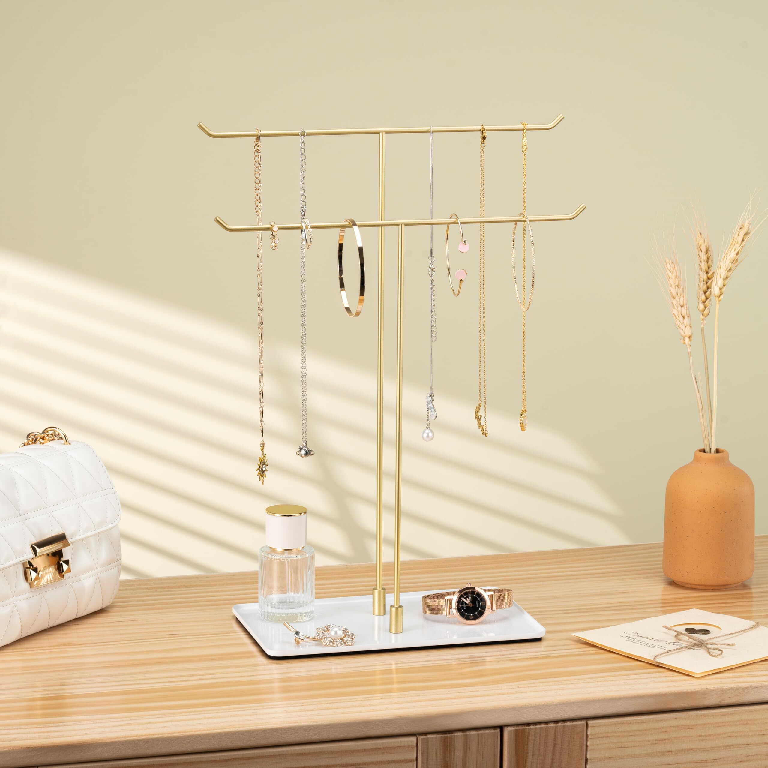 Bussdis Necklace Holder Jewelry Stand Organizer For Necklaces And Bracelets  Metal Display Stand  Gift For Women  Ideal For Home  Bedroom  Or Vanity  Gold