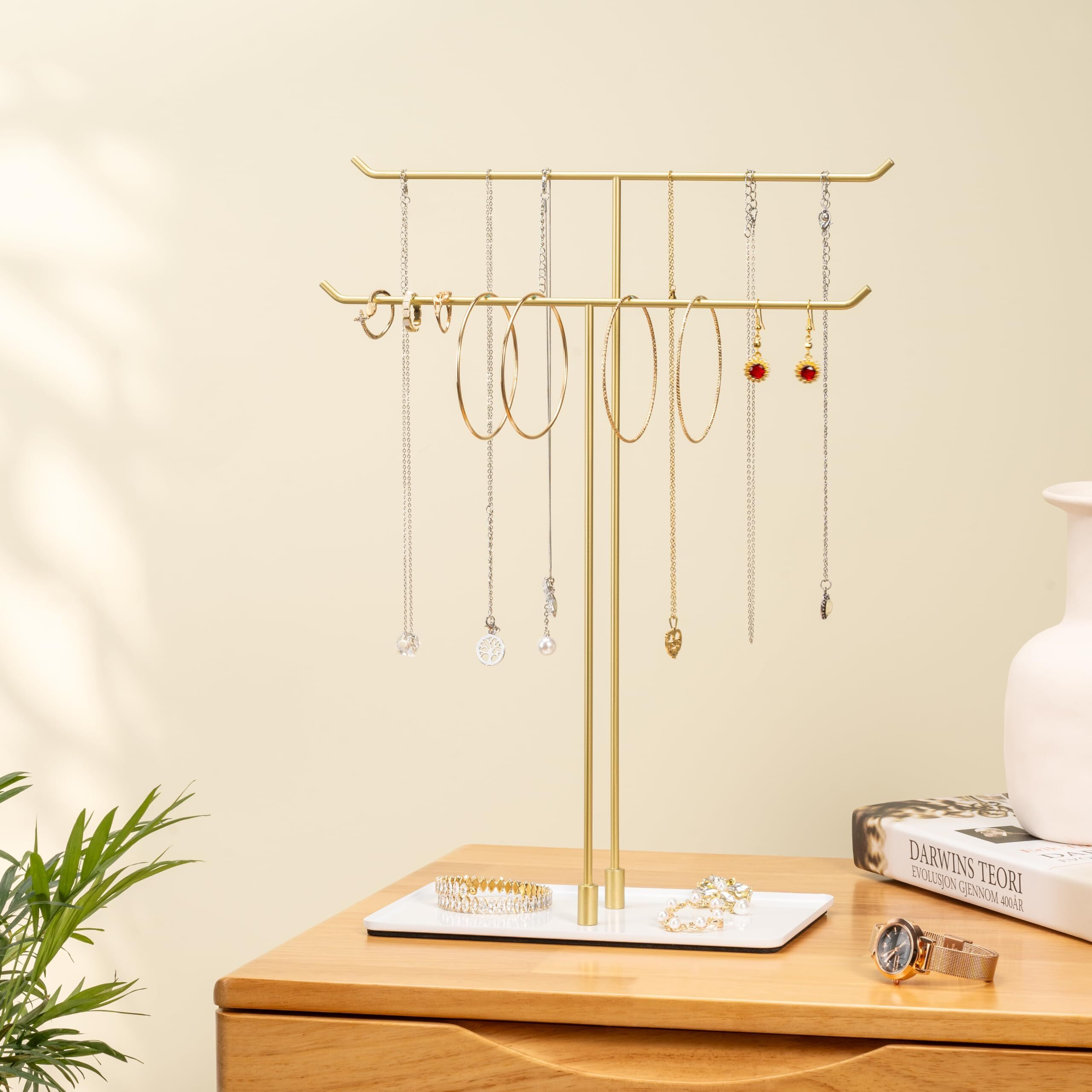 Bussdis Necklace Holder Jewelry Stand Organizer For Necklaces And Bracelets  Metal Display Stand  Gift For Women  Ideal For Home  Bedroom  Or Vanity  Gold