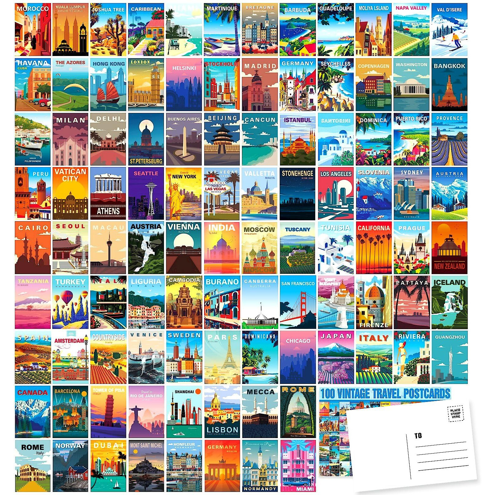 Lclaidydy 100 Vintage Travel Postcard Set World Famous Country City Illustrations Mailing Postcards Travel Decor Posters Prints Post Cards For Travelers 4X6