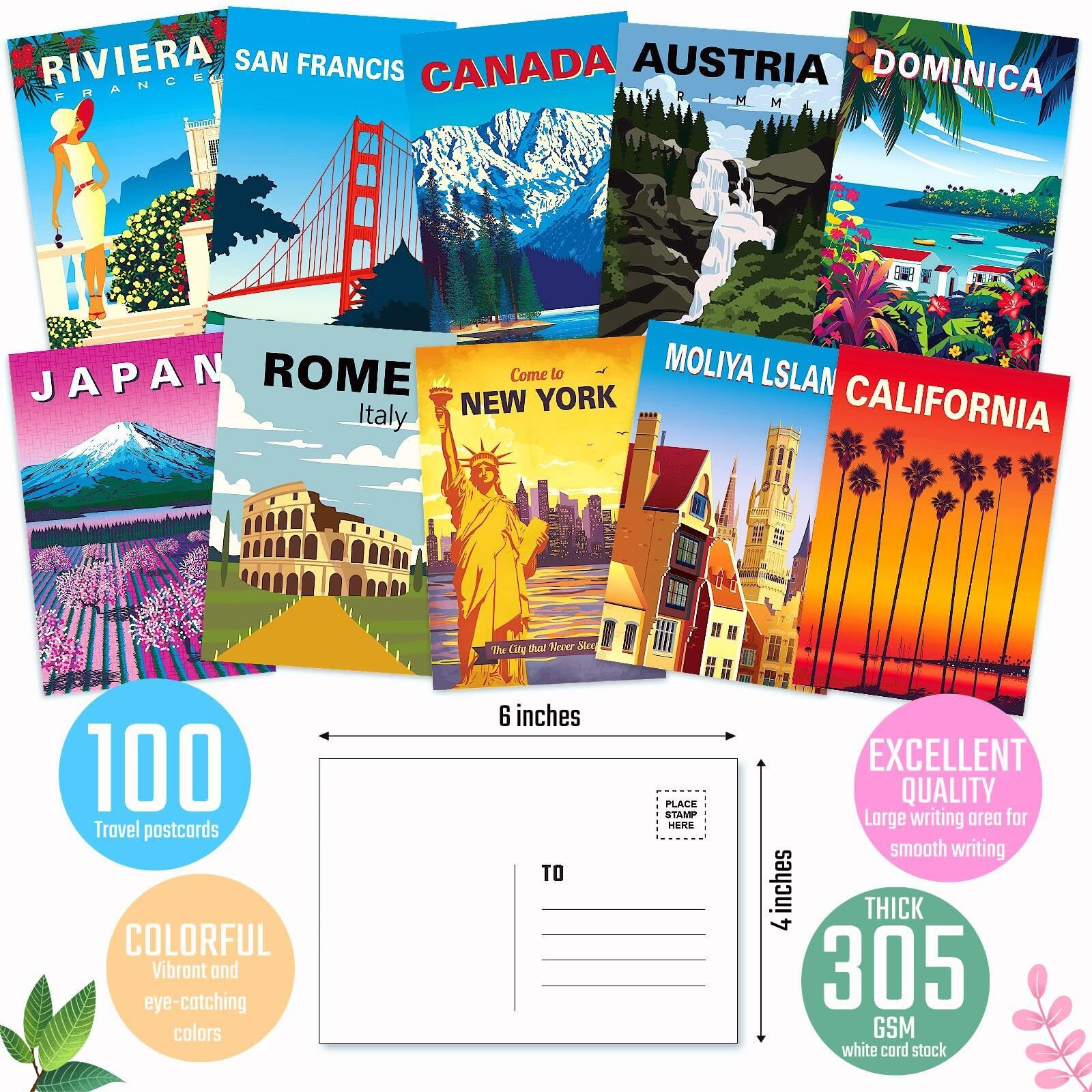 Lclaidydy 100 Vintage Travel Postcard Set World Famous Country City Illustrations Mailing Postcards Travel Decor Posters Prints Post Cards For Travelers 4X6