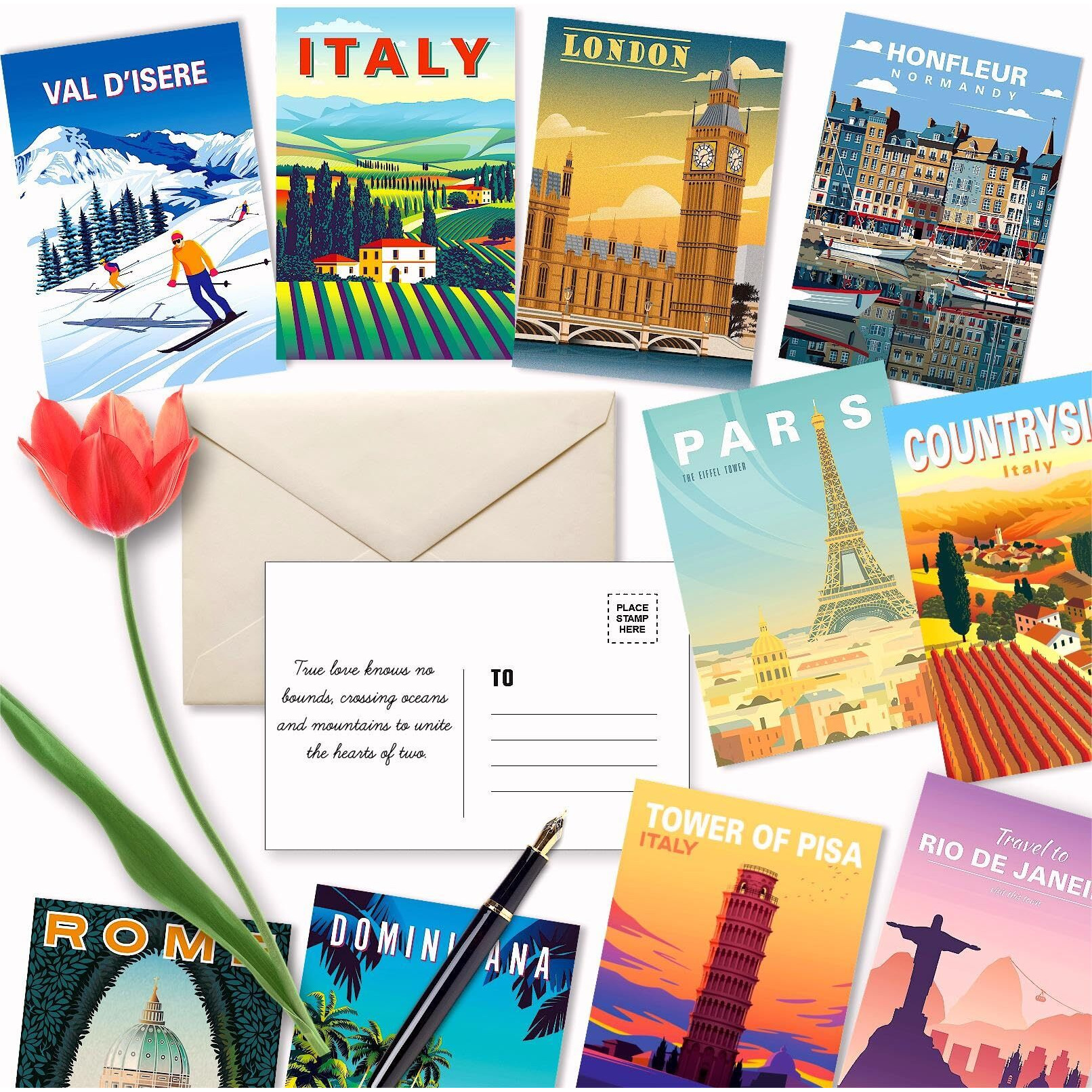 Lclaidydy 100 Vintage Travel Postcard Set World Famous Country City Illustrations Mailing Postcards Travel Decor Posters Prints Post Cards For Travelers 4X6