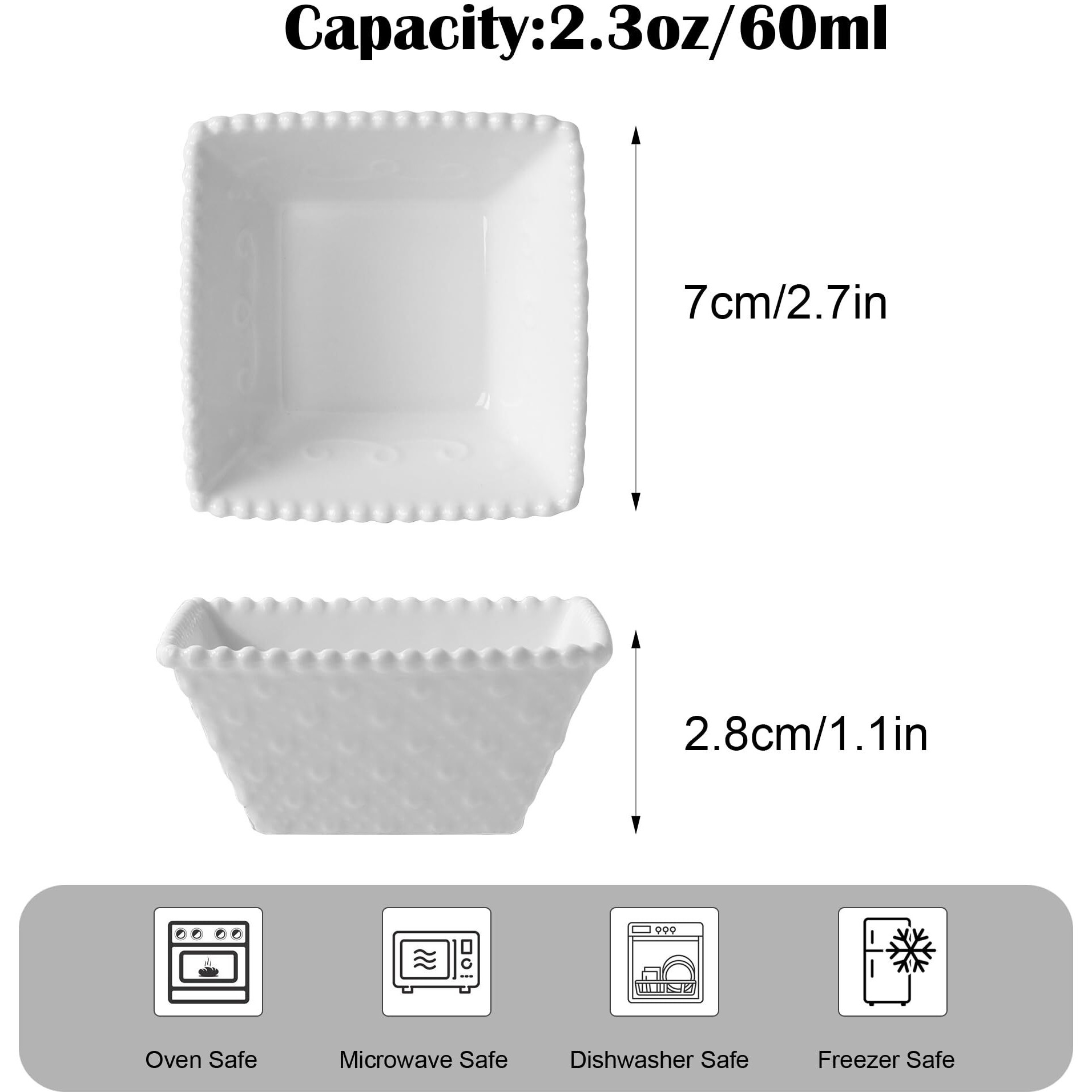 Uibfcwn 2.3 Oz Ceramic Dip Bowls Set  White Dipping Sauce Bowls/Dishes For Tomato Sauce  2.7 Inches Soy Sauce Dish  Square Side Dishes  Mini Appetizer Plates For Condiment Sushi