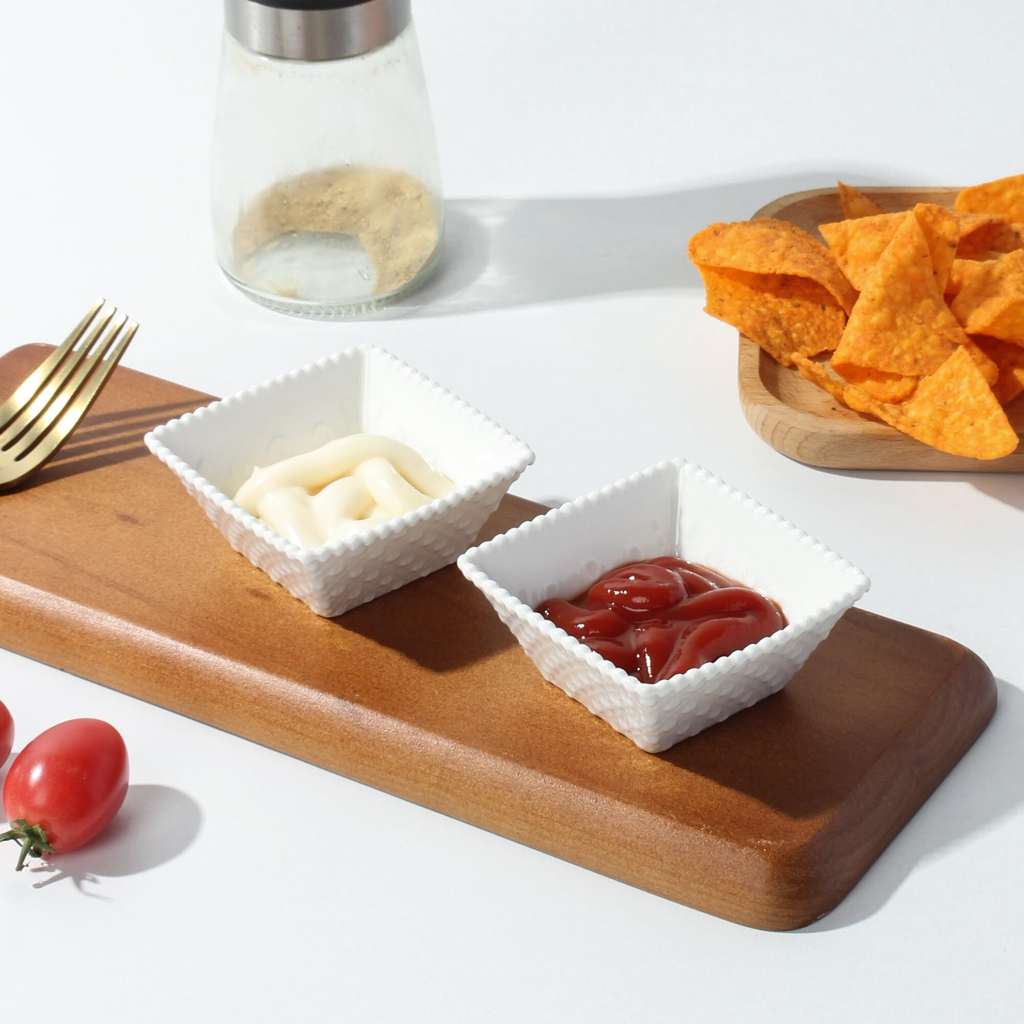 Uibfcwn 2.3 Oz Ceramic Dip Bowls Set  White Dipping Sauce Bowls/Dishes For Tomato Sauce  2.7 Inches Soy Sauce Dish  Square Side Dishes  Mini Appetizer Plates For Condiment Sushi