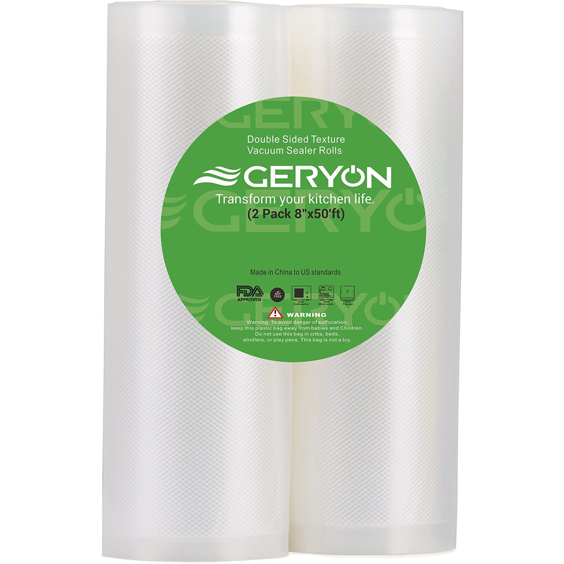 Geryon Vacuum Sealer Rolls  2 Packs 8"" X 50' Food Vacuum Sealer Bags Rolls Work With All Brand Food Sealer Machine