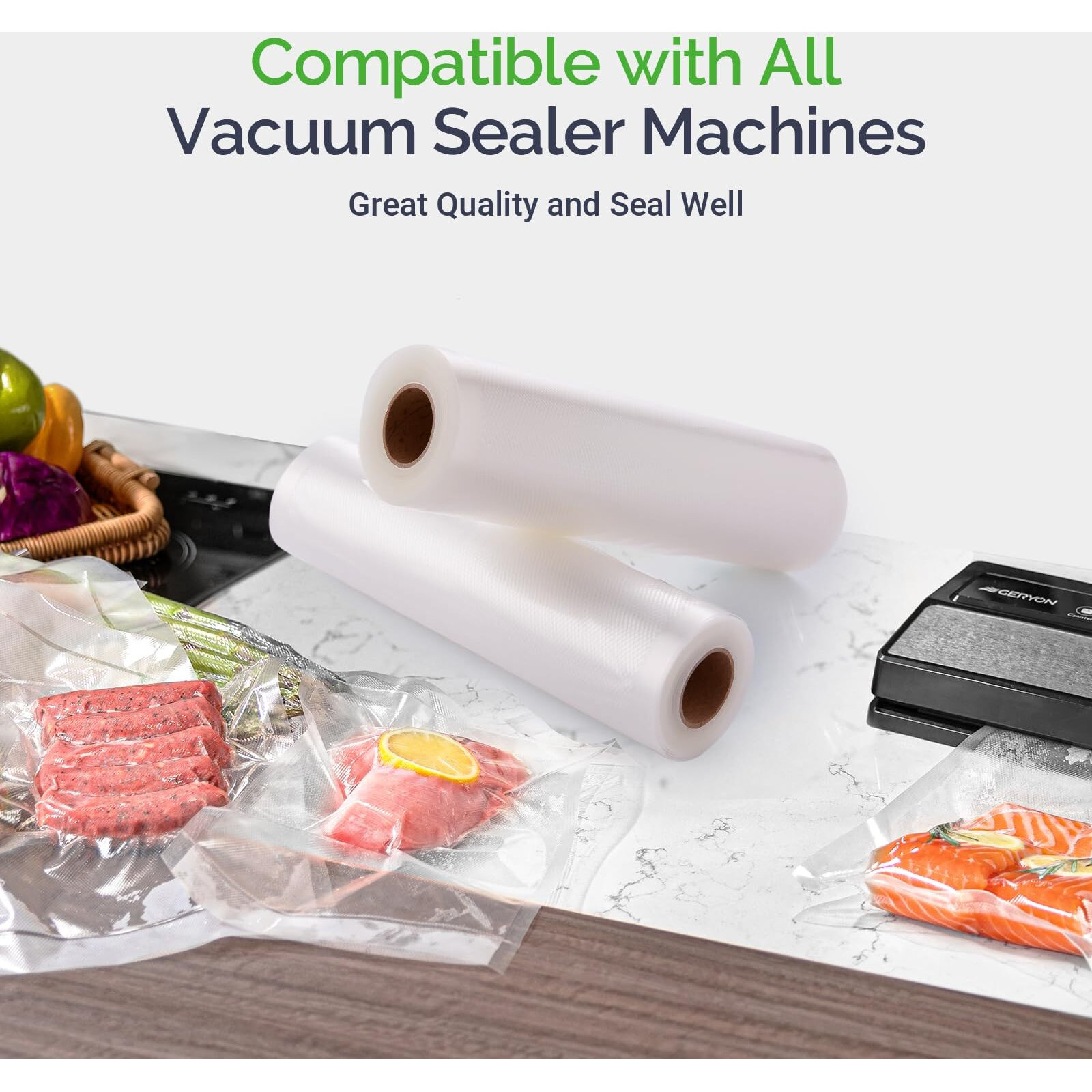 Geryon Vacuum Sealer Rolls  2 Packs 8"" X 50' Food Vacuum Sealer Bags Rolls Work With All Brand Food Sealer Machine