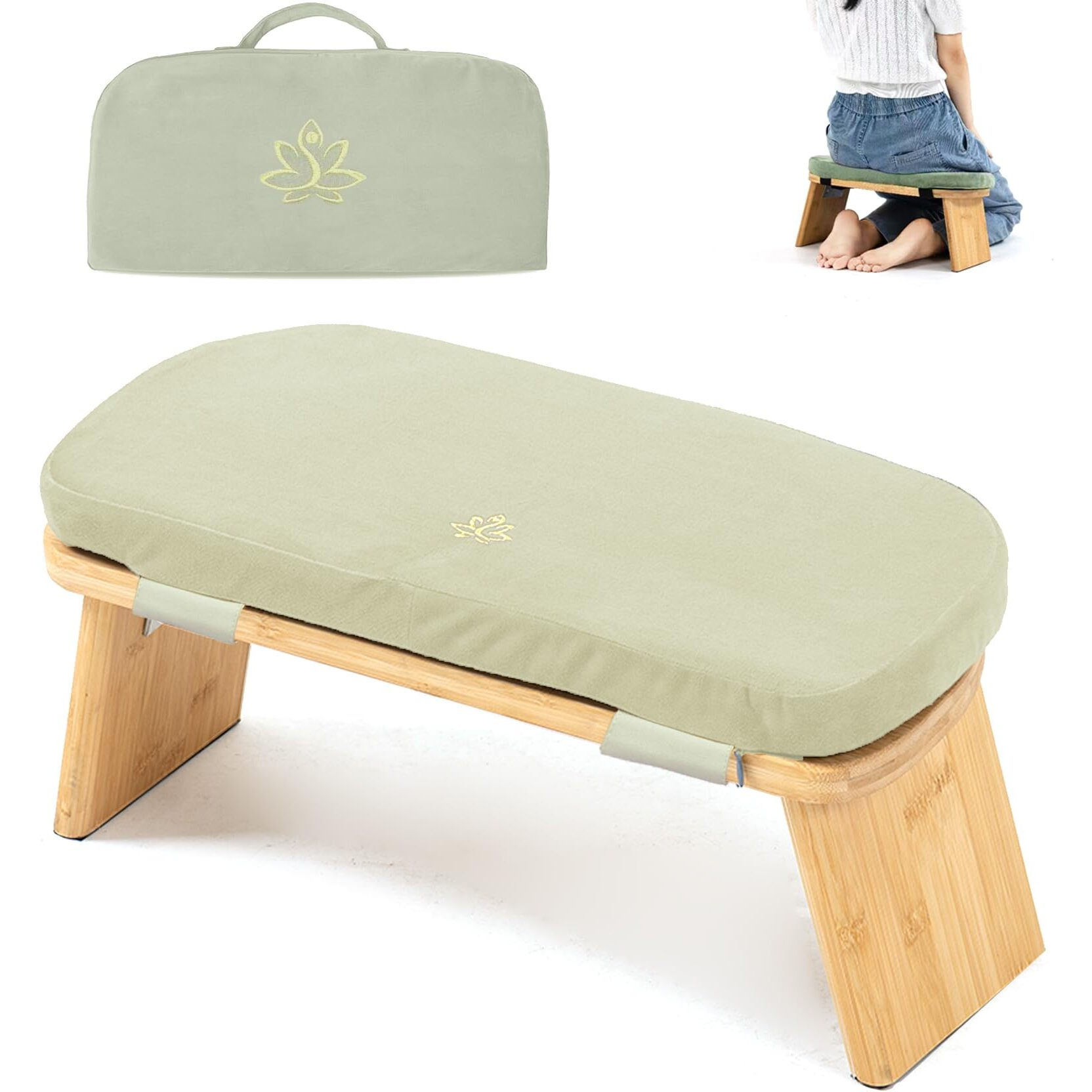 Estleys Meditation Bench  Bamboo Meditation Stool  Folding Kneeling Meditation Bench  Seiza Prayer Bench  Prayer Bench With Meditation Cushion  Kneeling Stool (Beige & Bag)