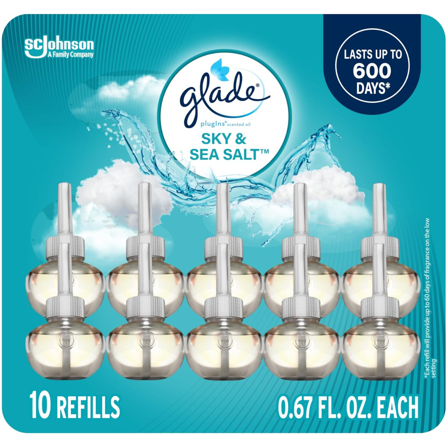 Glade Plugins Refills Air Freshener  Sky & Sea Salt  Scented And Essential Oils For Home And Bathroom  0.67 Fl Oz  10 Count