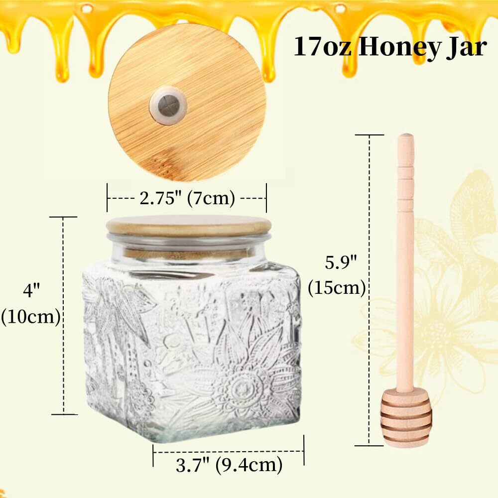 Ansqu Honey Pot  Airtight Glass Honey Jar With Bamboo Lid And Dipper Stick  Honey Container For Storing Honey  Jam Mason Jar For Home Kitchen  17Oz (Square Sunflower 1 Pack)