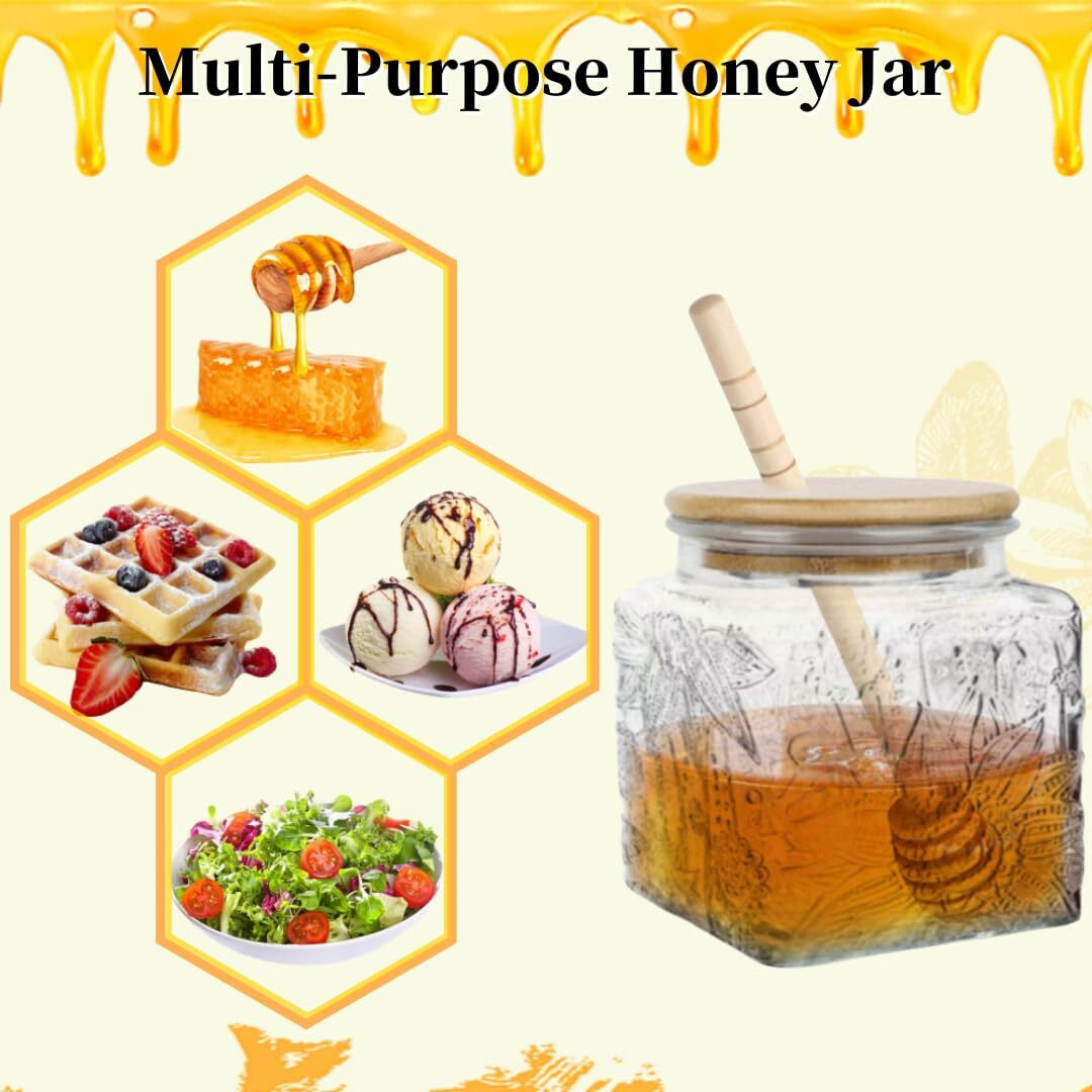 Ansqu Honey Pot  Airtight Glass Honey Jar With Bamboo Lid And Dipper Stick  Honey Container For Storing Honey  Jam Mason Jar For Home Kitchen  17Oz (Square Sunflower 1 Pack)
