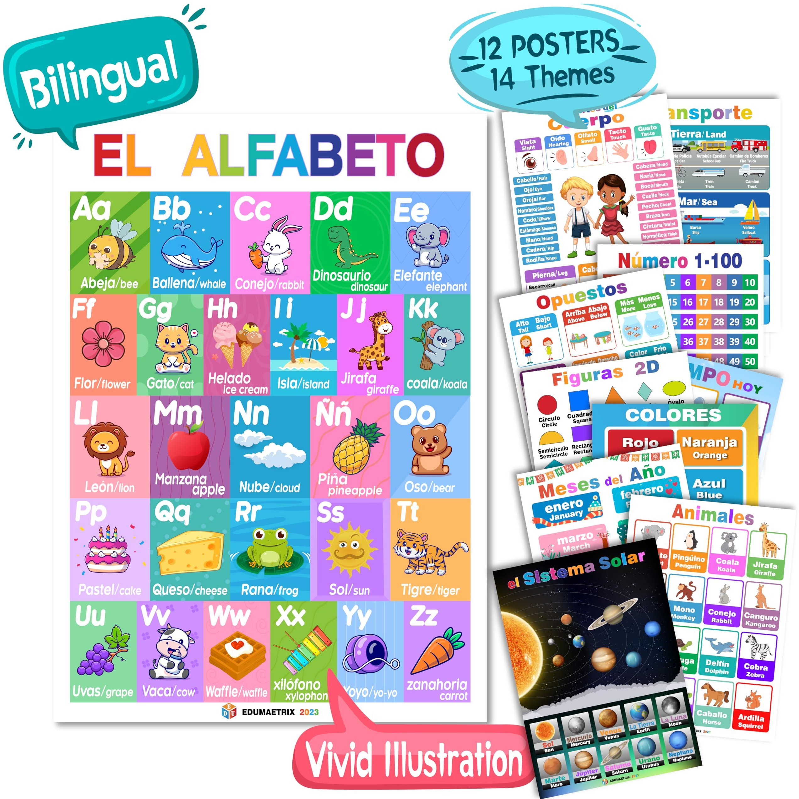 12 Spanish English Bilingual Educational Posters Water Proof Learning Chart For Preschool  Kindergarten  1St Grade  Classroom Decoration  Alpabet  Alfabeto  Numbers  Seasons  Colors  Month Of The
