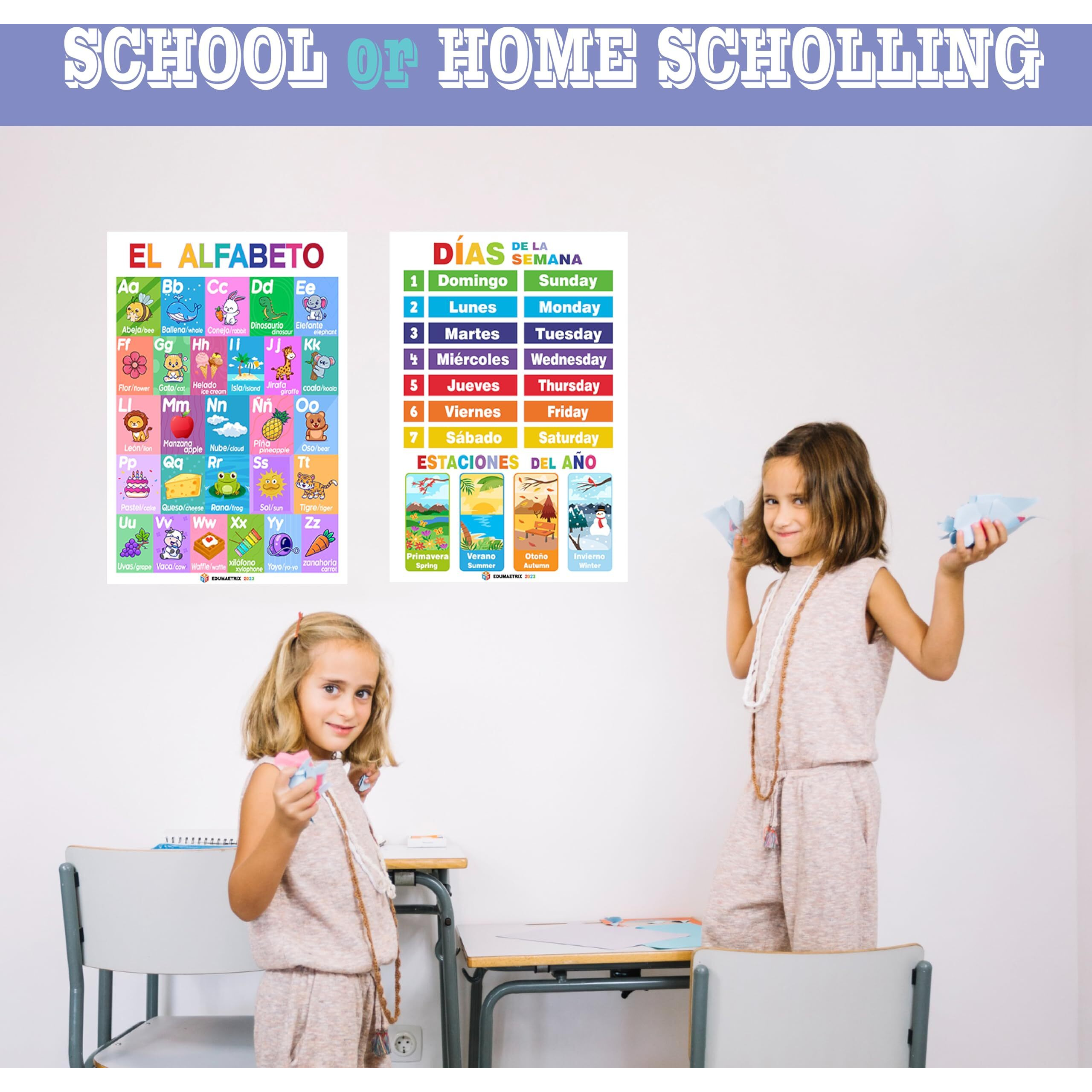 12 Spanish English Bilingual Educational Posters Water Proof Learning Chart For Preschool  Kindergarten  1St Grade  Classroom Decoration  Alpabet  Alfabeto  Numbers  Seasons  Colors  Month Of The