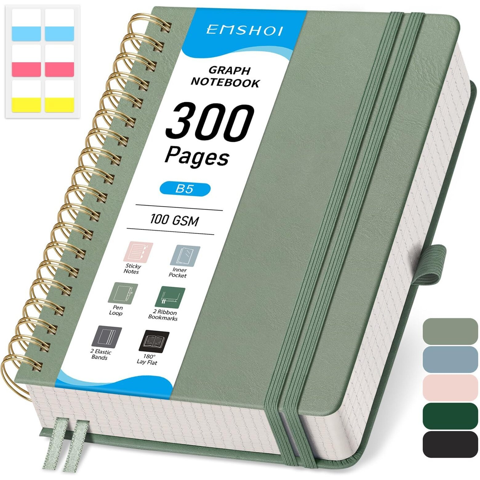 Emshoi Spiral Graph Paper Notebook - 300 Pages  100 Gsm Thick Grid Notebook  B5 Large Hardcover Leather Journal For Women Men Work School Writing Engineering Graphing  7.48"" X 10.15""  Light Green