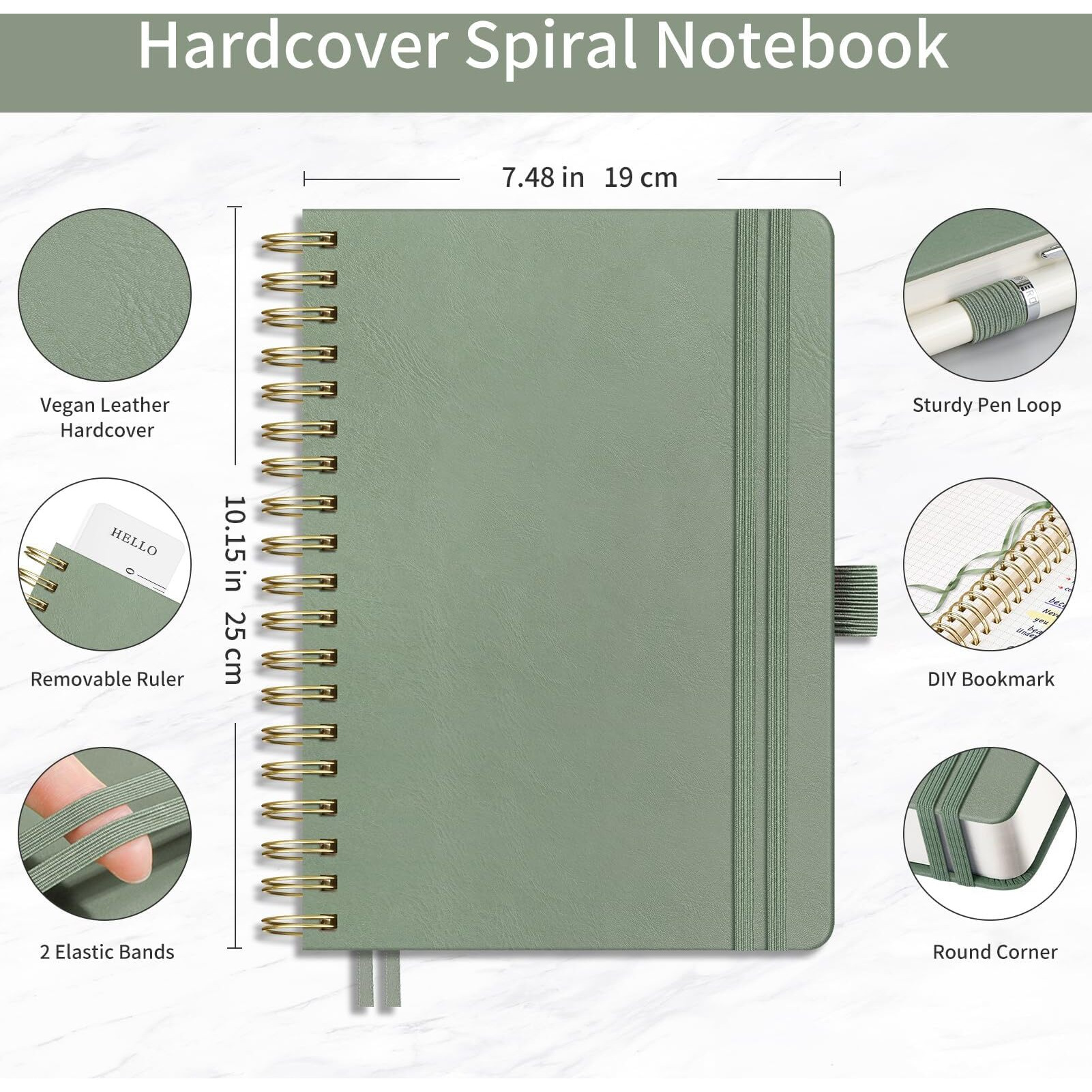 Emshoi Spiral Graph Paper Notebook - 300 Pages  100 Gsm Thick Grid Notebook  B5 Large Hardcover Leather Journal For Women Men Work School Writing Engineering Graphing  7.48"" X 10.15""  Light Green