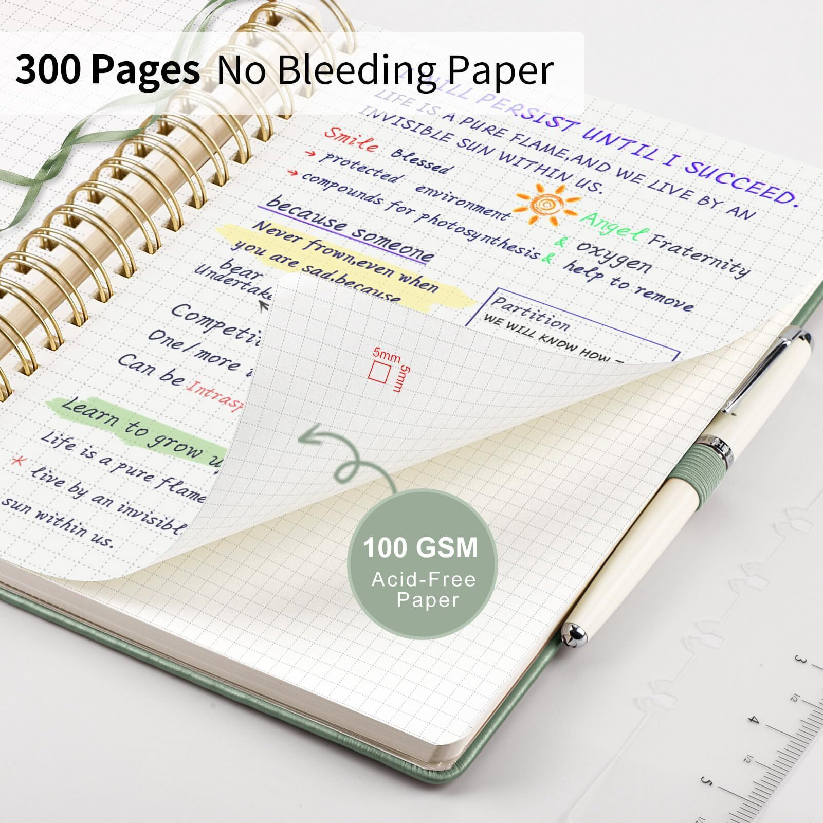 Emshoi Spiral Graph Paper Notebook - 300 Pages  100 Gsm Thick Grid Notebook  B5 Large Hardcover Leather Journal For Women Men Work School Writing Engineering Graphing  7.48"" X 10.15""  Light Green