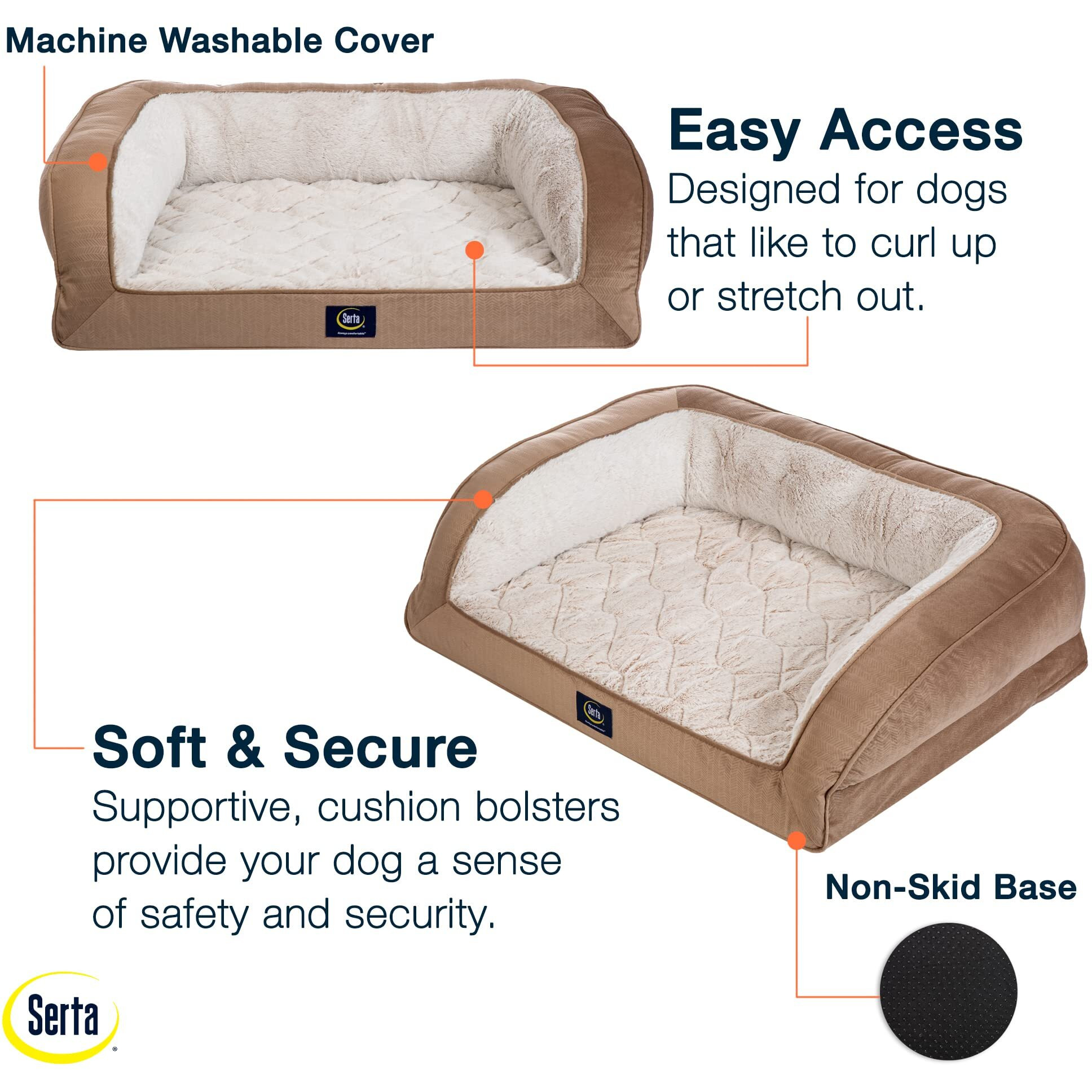 Serta Orthopedic Quilted Couch Dog Bed For Pets - Desert Sand (Large)