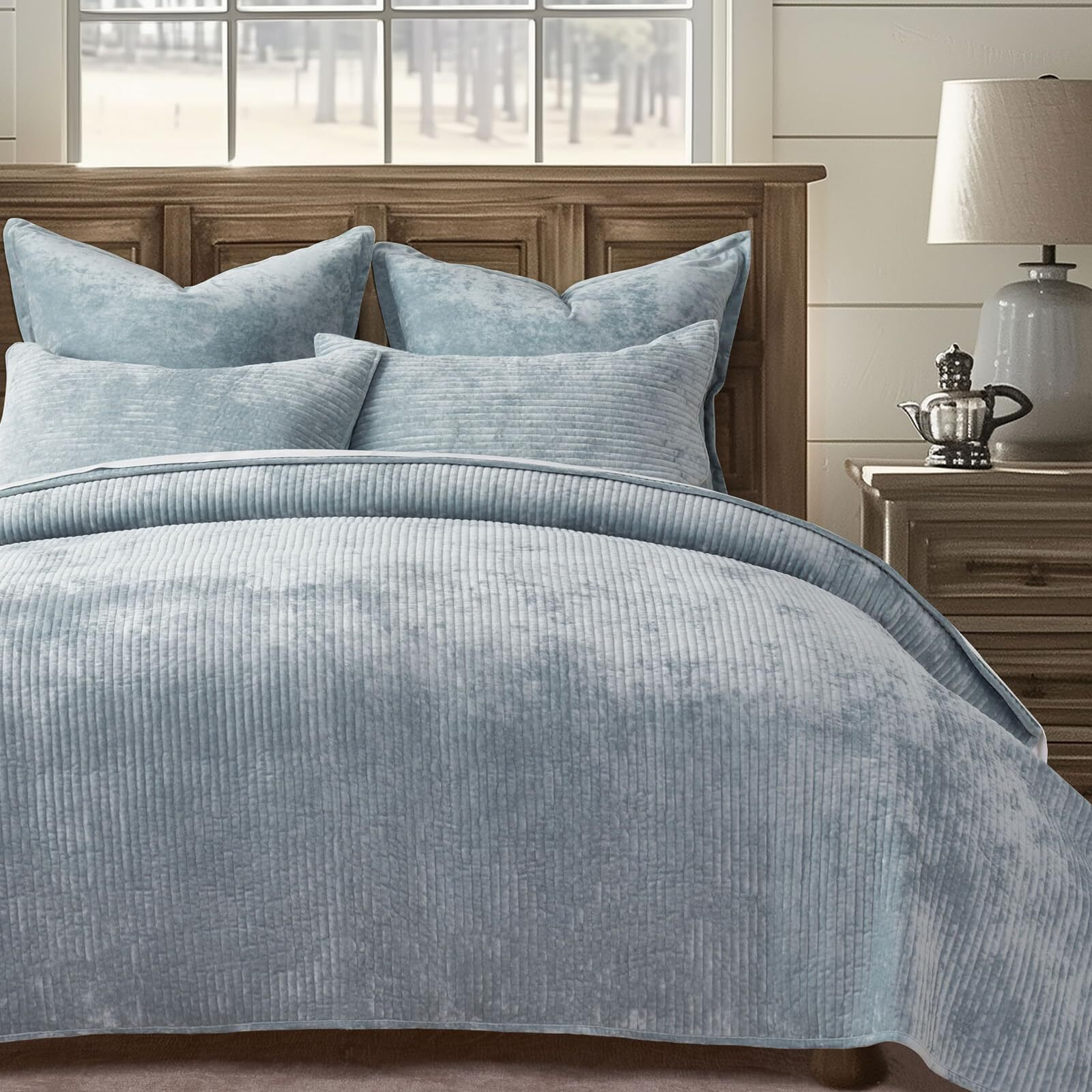 Evergrace Velvet Quilt Set King Size  Luxurious Soft Quilted Bedding Sets  Lightweight Velvet Comforter For All Season  Striped Channel Bedspread Coverlet With 2 Shams  Blue Linen