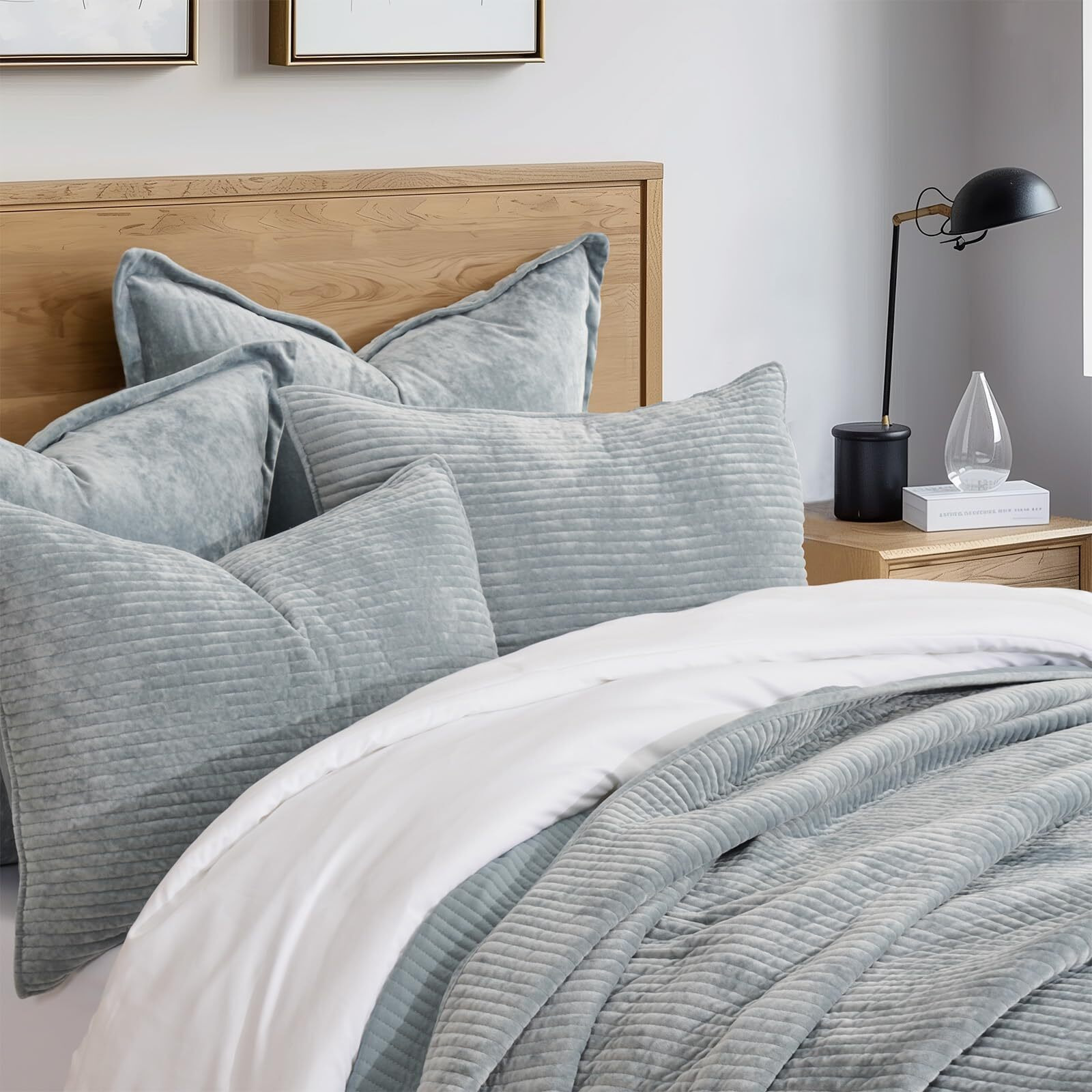 Evergrace Velvet Quilt Set King Size  Luxurious Soft Quilted Bedding Sets  Lightweight Velvet Comforter For All Season  Striped Channel Bedspread Coverlet With 2 Shams  Blue Linen