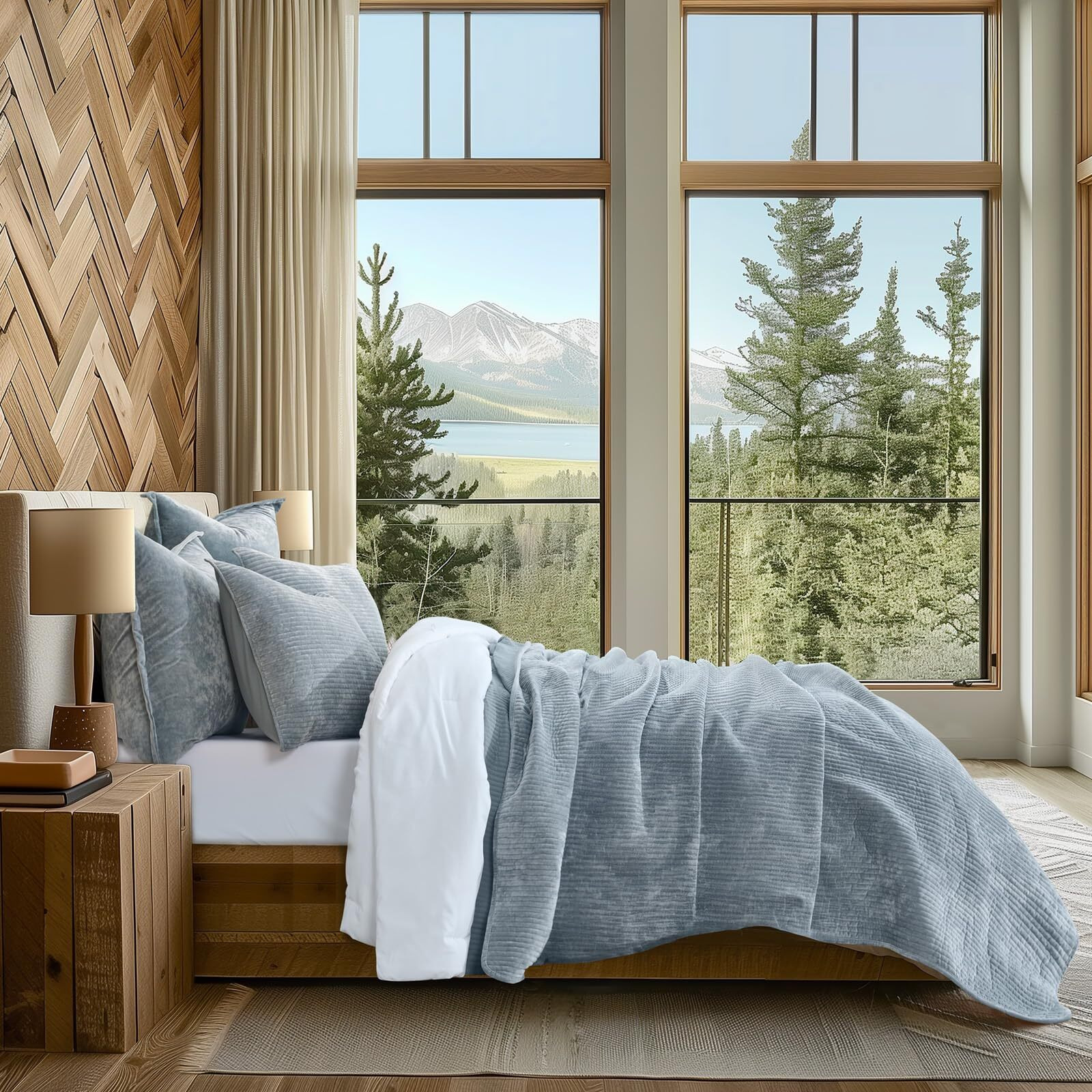 Evergrace Velvet Quilt Set King Size  Luxurious Soft Quilted Bedding Sets  Lightweight Velvet Comforter For All Season  Striped Channel Bedspread Coverlet With 2 Shams  Blue Linen