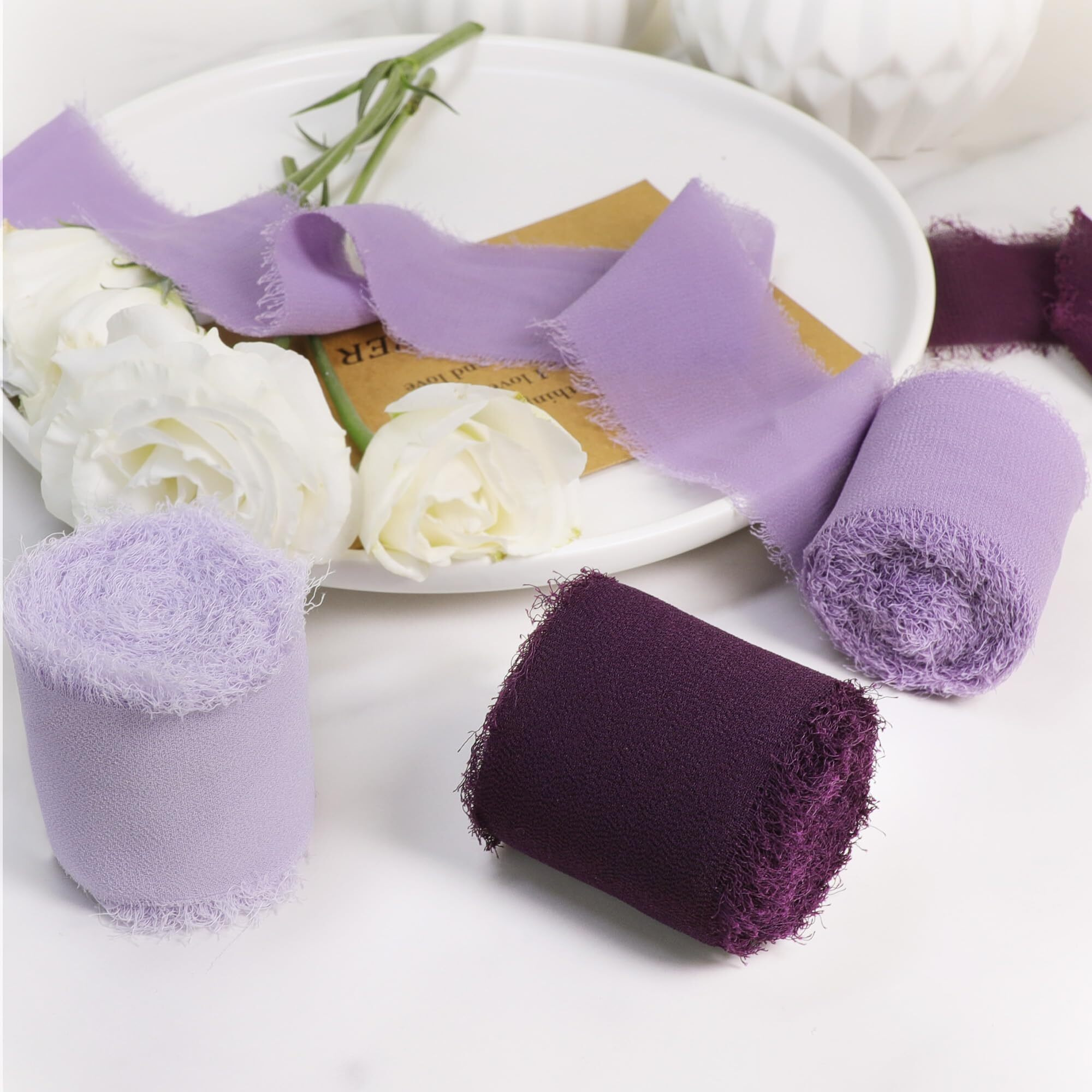 Chiffon Silk Ribbon Fringe 1-1/2 Inch X 16.5 Yard Handmade Ribbons 3 Rolls For Gift Wrapping  Wedding Invitations  Bridal Bouquets  Crafts  Flower Bouquet (Purple)