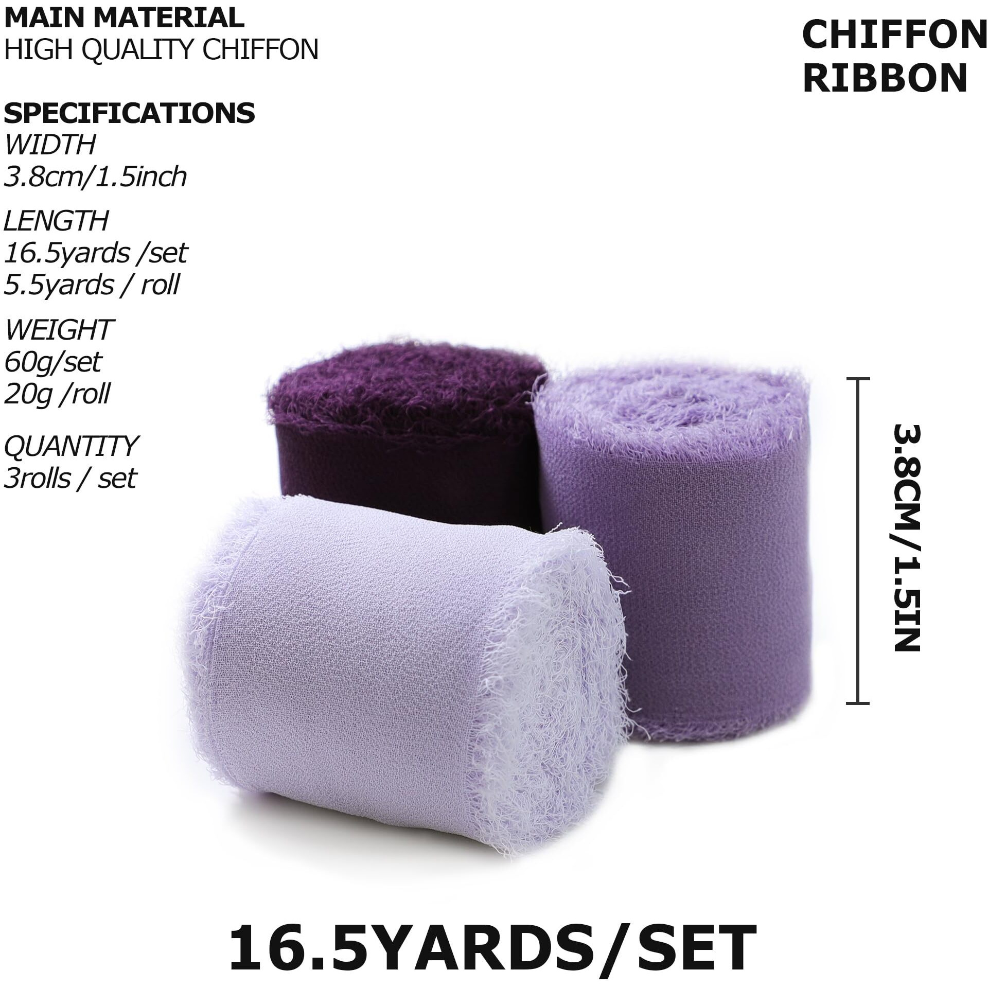 Chiffon Silk Ribbon Fringe 1-1/2 Inch X 16.5 Yard Handmade Ribbons 3 Rolls For Gift Wrapping  Wedding Invitations  Bridal Bouquets  Crafts  Flower Bouquet (Purple)