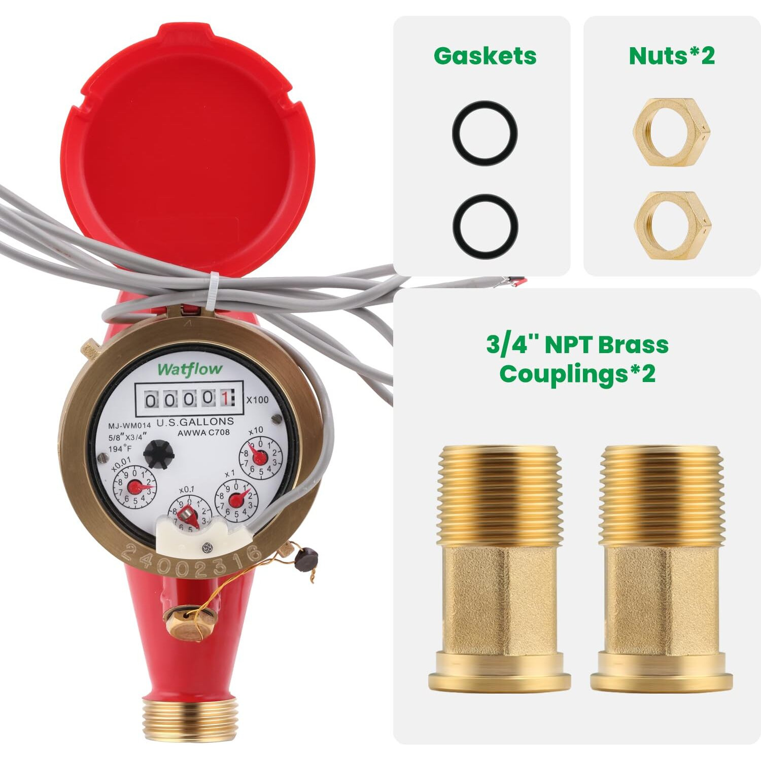 Watflow Dn20 3/4"" Npt Couplings Gallon Water Meter With Pulse Output  Hot Water Meter For Garden Or Home Multi-Jet.