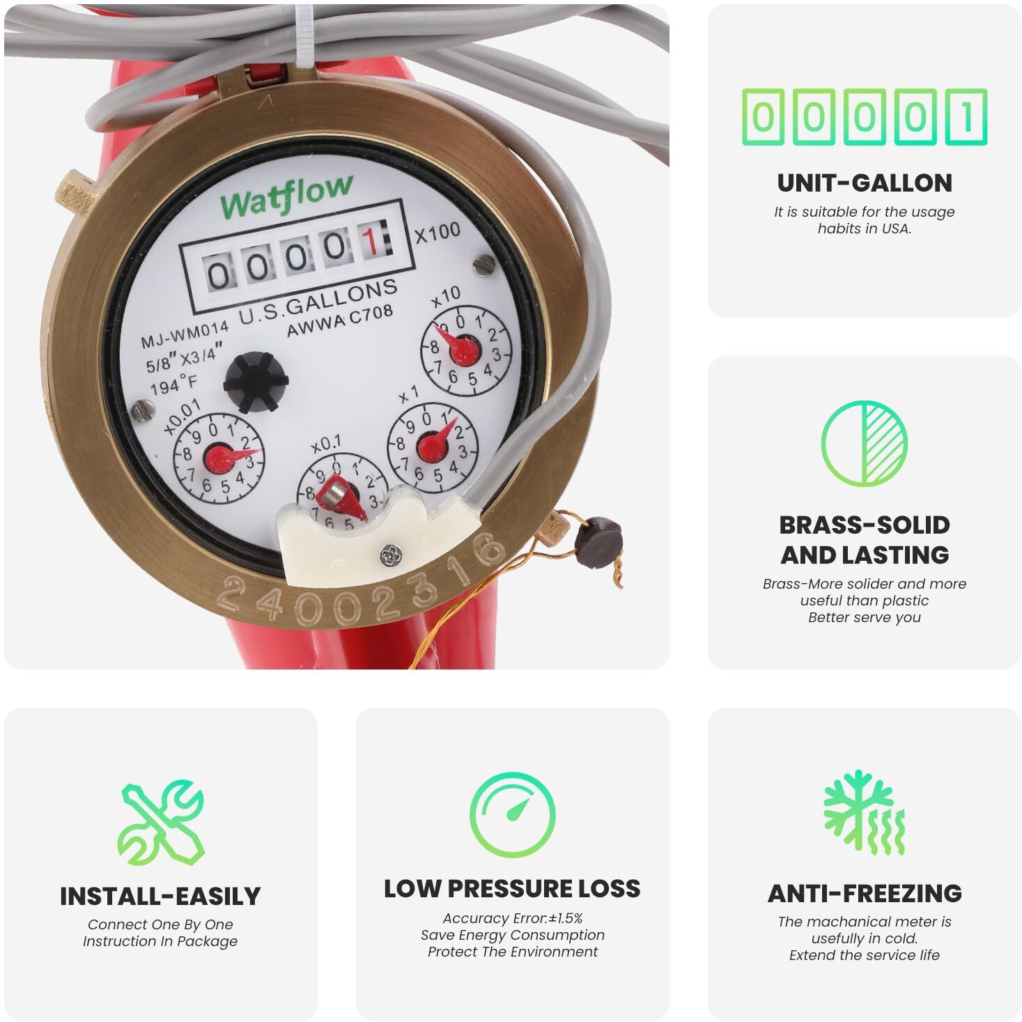 Watflow Dn20 3/4"" Npt Couplings Gallon Water Meter With Pulse Output  Hot Water Meter For Garden Or Home Multi-Jet.