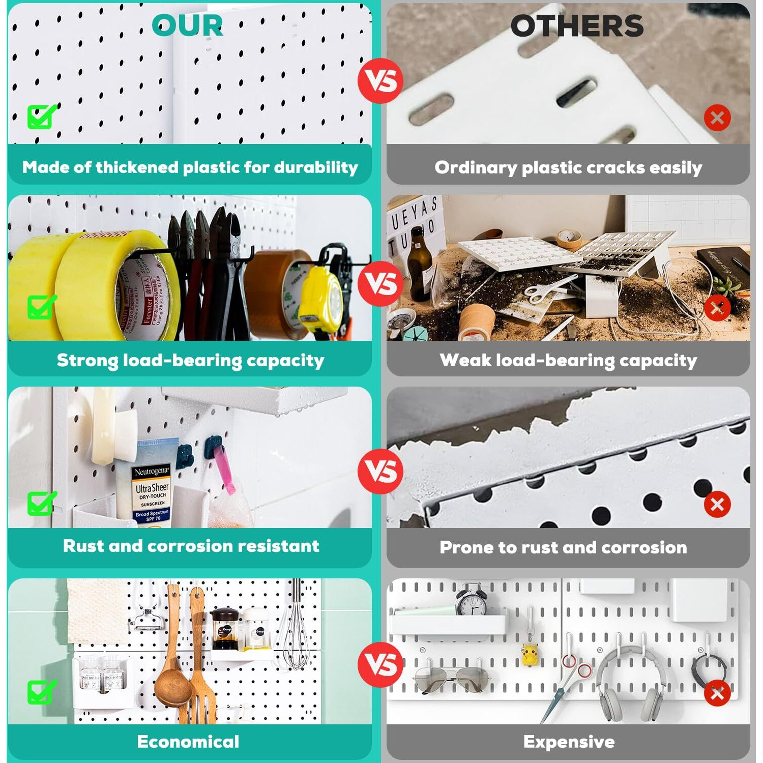 12Pcs Peg Board  Pegboard Wall Organizer Panels  Wall Mount Display Small Pegboard Kits  Pegboard  Peg Boards For Wall Craft Room  For Kitchen  Garage  Workshop  Tool Accessories - White Pegboard