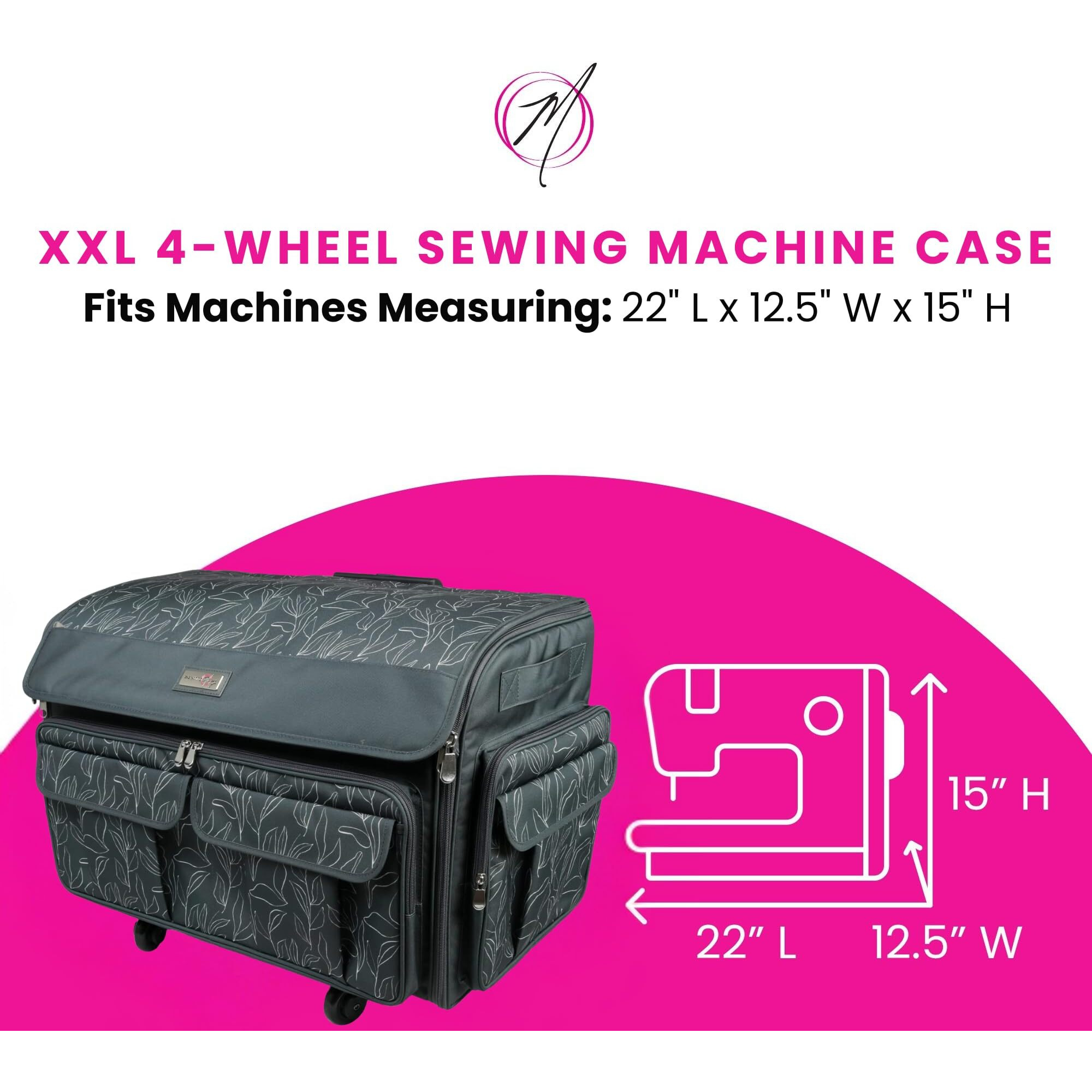 Everything Mary Xxl Rolling Sewing Tote Sewing Machine Case  Black & Floral - Travel Case For Brother  Singer  Babylock  Embroidery Machines - Storage Bag With 4 Wheels  Pockets & Locking Handle