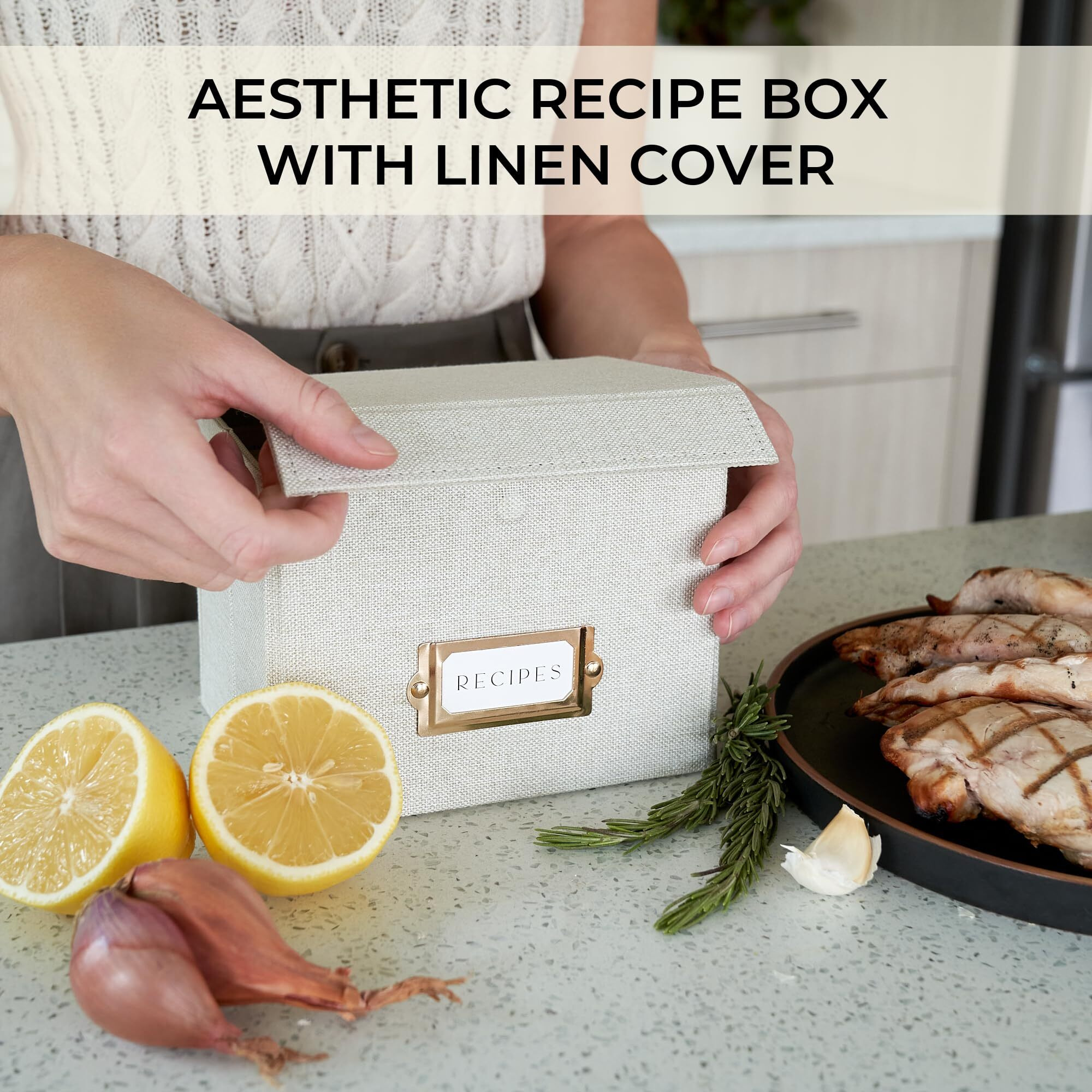 Zicoto Beautiful Linen Recipe Box - Fits 4X6 Inch Recipe Cards To Easily Organize Up To 250 Recipes - A Sturdy Card Holder And Great Gift That Perfectly Fits Into Any Kitchen - Cards Not Incl.